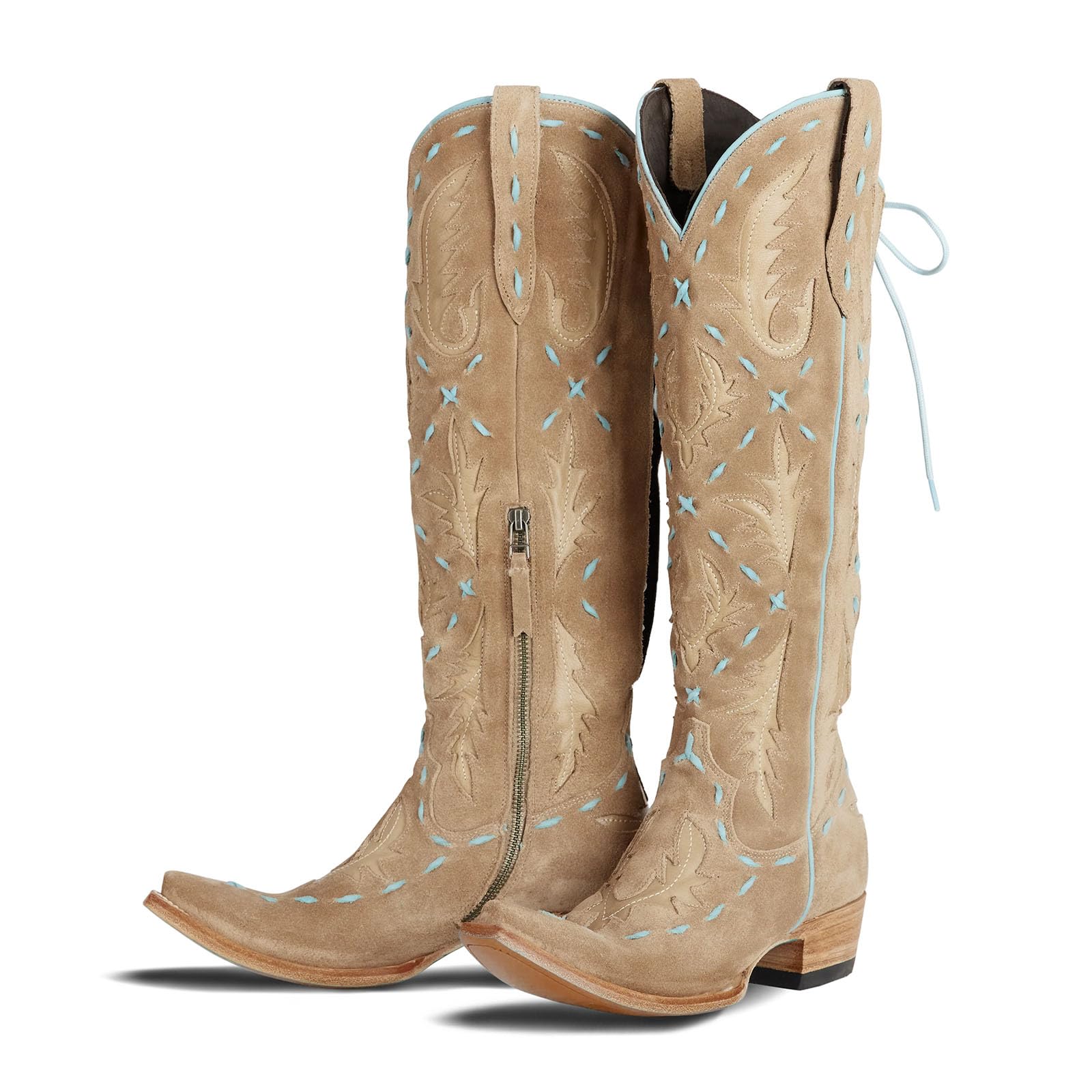 Knee High Cowboy Boots for Women Pointed Toe Side Zipper Cowgirl Boots Womens Back Lace up Chunky Heel