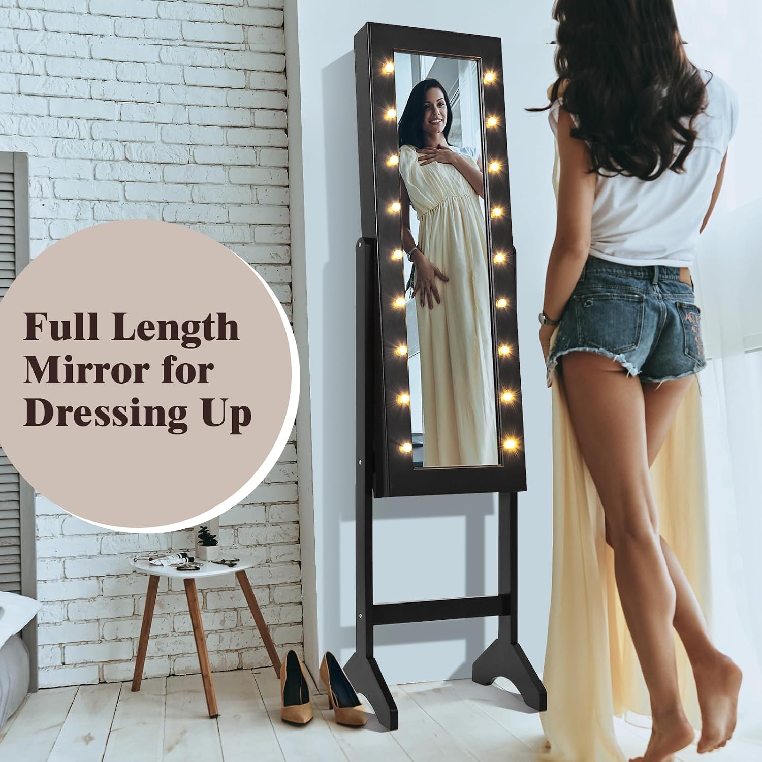 LOKO Jewelry Armoire with 18 LED Lights, Freestanding Jewelry Organizer with Full-length Mirror, Large Storage Mirrored Jewelry Cabinet with 16 Lipstick Holders, for Bedroom, Dressing Room (Black)