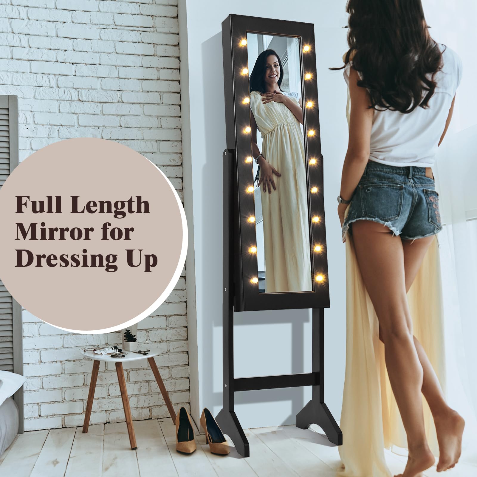 LOKO Jewelry Armoire with 18 LED Lights, Freestanding Jewelry Organizer with Full-length Mirror, Large Storage Mirrored Jewelry Cabinet with 16 Lipstick Holders, for Bedroom, Dressing Room (Black)