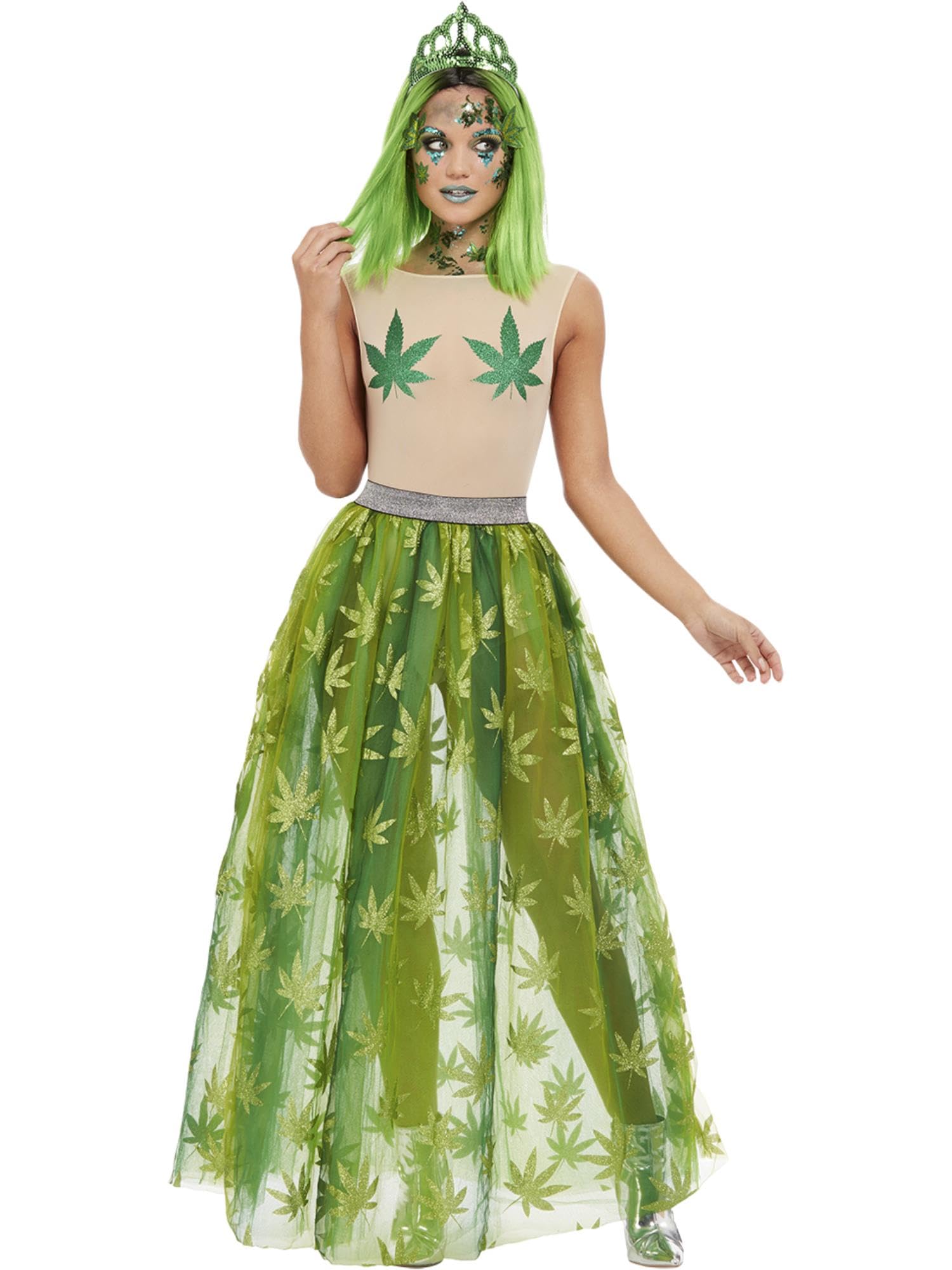 Smiffys Cannabis Queen Costume, Green Sheer Bodysuit, Skirt & Tiara, Funny Fancy Dress, Princess Dress Up Costumes