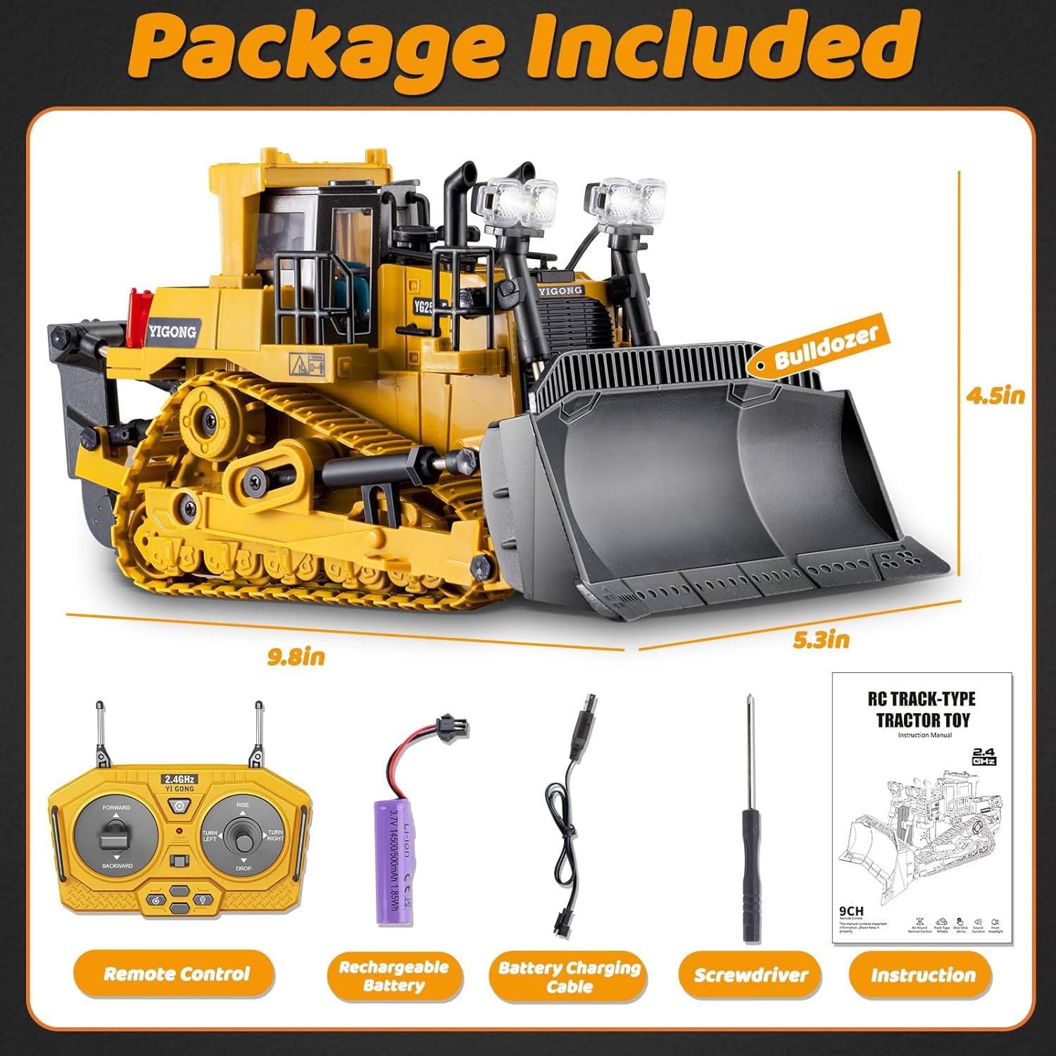 CROPDAK Rc Bulldozer Toys for Boys,Construction Remote Control Bulldozer with Metal bulldozing Shovel Lights/Sounds for Kids Boys 1