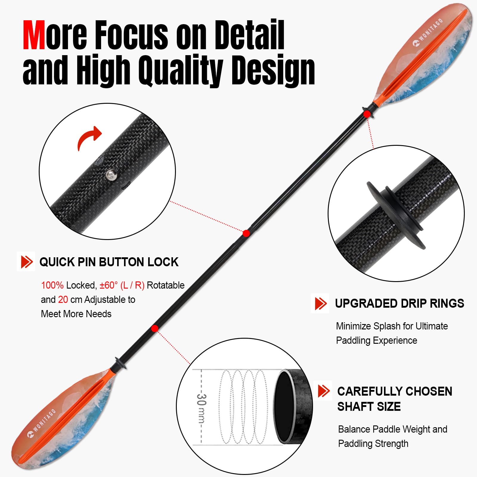 Kajak-Paddel Premium-Kohlefaser-Paddel mit verstärktem PP + Fiberglas-Klinge, schwimmende, verstellbare Kajak-Ruder, 3-teilig, 220-240 cm, 240-260 cm