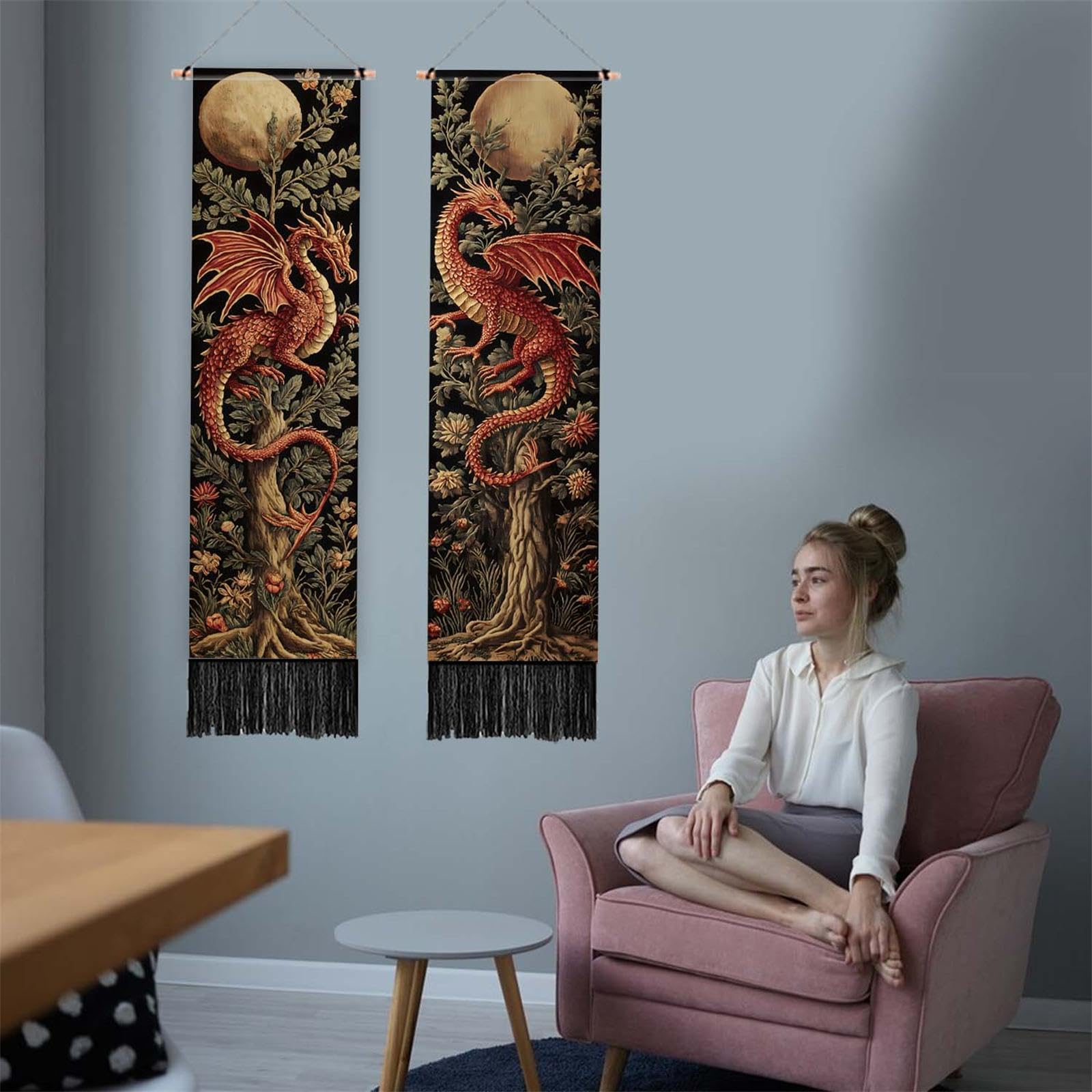 PLIGREAT 2er Pack Ästhetischer Drachen Wandteppich Mittelalterlicher Gewebter Wandbehang Mit Baummotiv Und Quasten Wandteppich Mit Mondblättern Für Schlafzimmer Wohnzimmer Heimdekor
