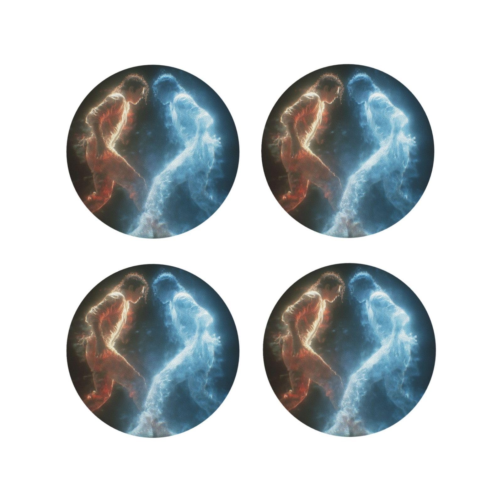 Coasters Set of 4 Round Leather Coaster Quick-Dry Drink Michael Jackson Coasters for Desk Absorbent Mugs Pads Tabletop Protection Pad Heat Resistant Coffee Cup Mat for Kitchen Bar