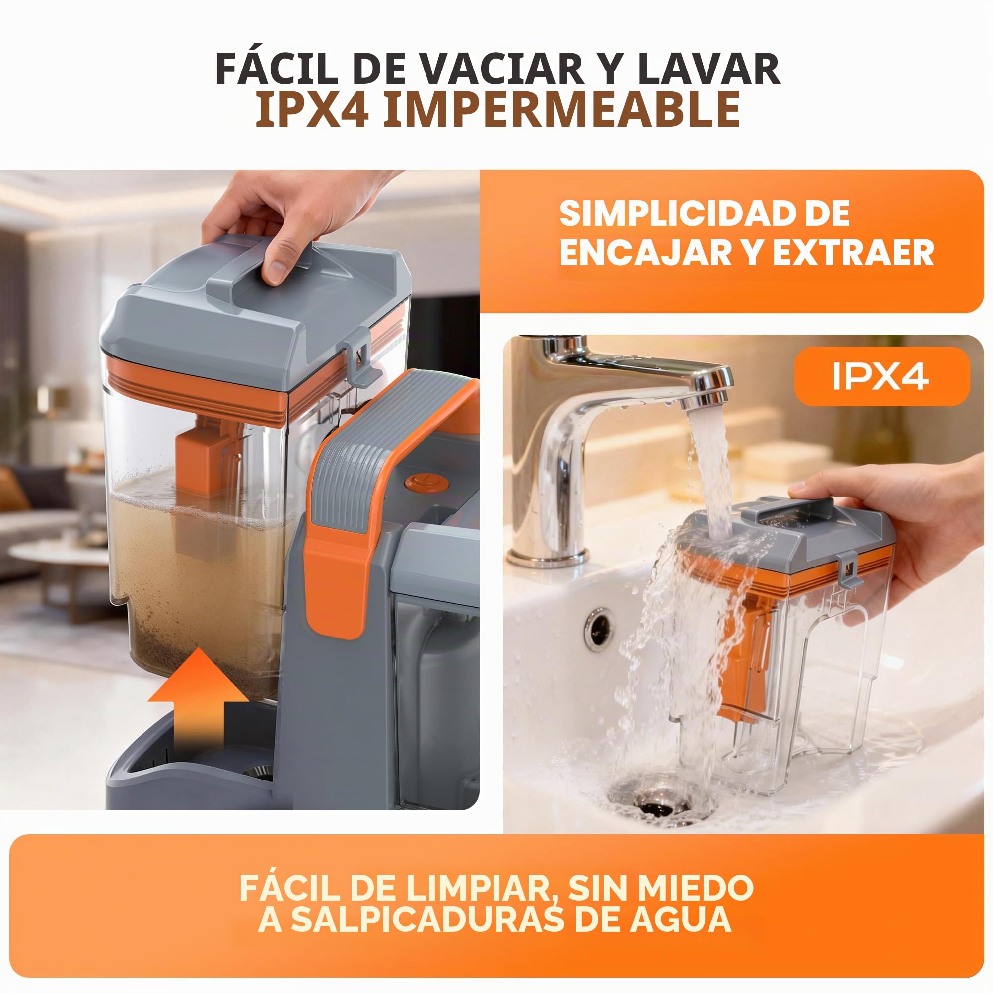 Limpiador de Tapicerías 450W 13kPa, Aspiradora de Agua para Tapicería y Sofá, Máquina para Limpiar Sofás, Alfombras y Colchones, con 3 Cepillos y Doble Depósito Autolimpiable, Portátil 2,6kg