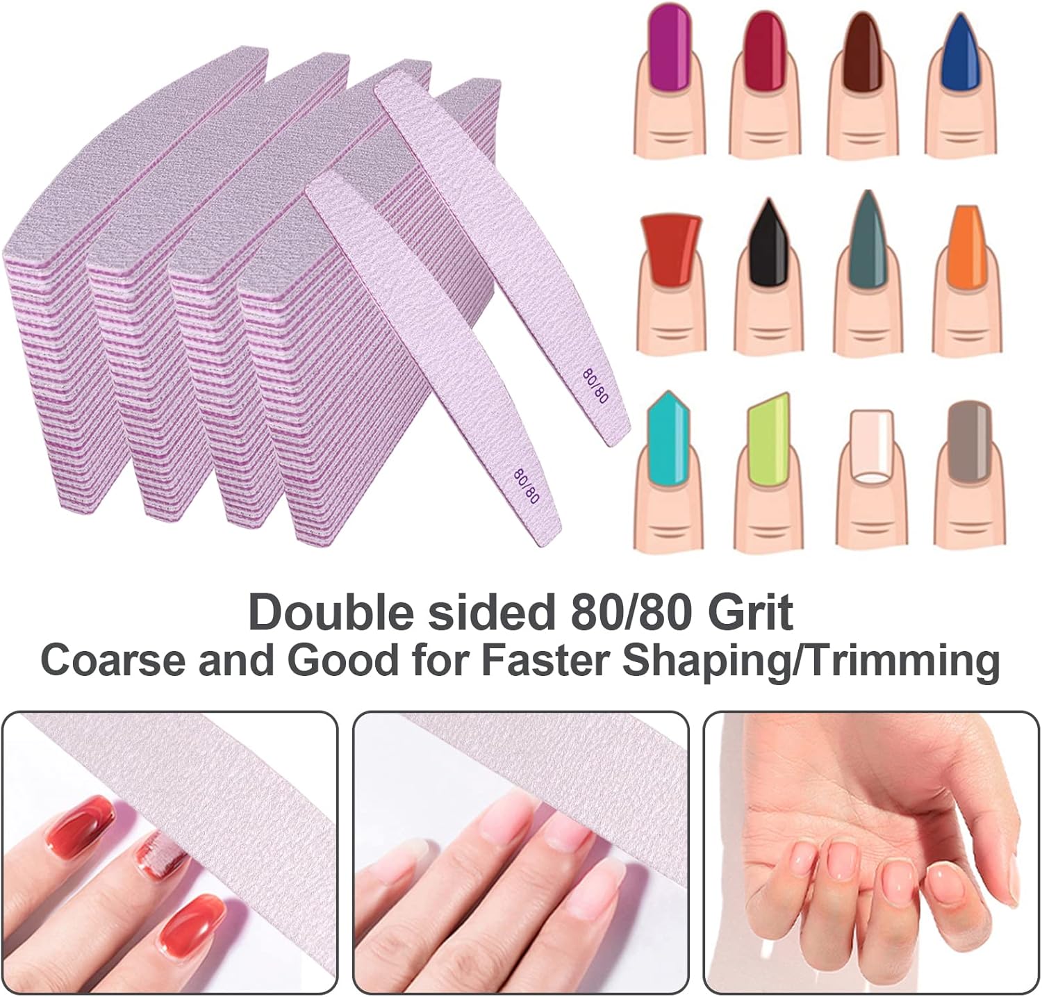 Nail Files 80/80 Grit (100 Pack), Emery Boards for Acrylic Nails and Gel Nails, Coarse Nail File 80 Grits Double Sided Emory Board Professional Nail Filers Reusable Washable Manicure Curved Gray Bulk