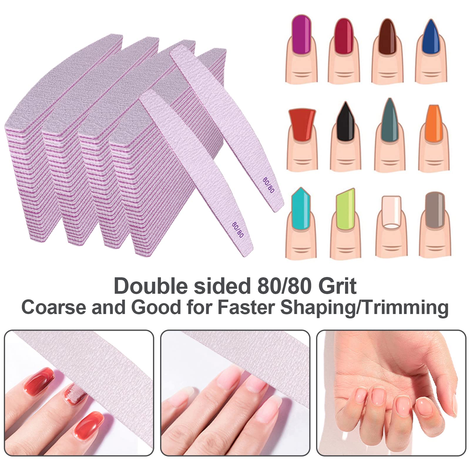 Emory Board, lime per unghie a grana 80/80 (confezione da 100), lime per unghie acriliche e gel, lima per unghie spessa, grana 80, lima professionale double-face, riutilizzabile