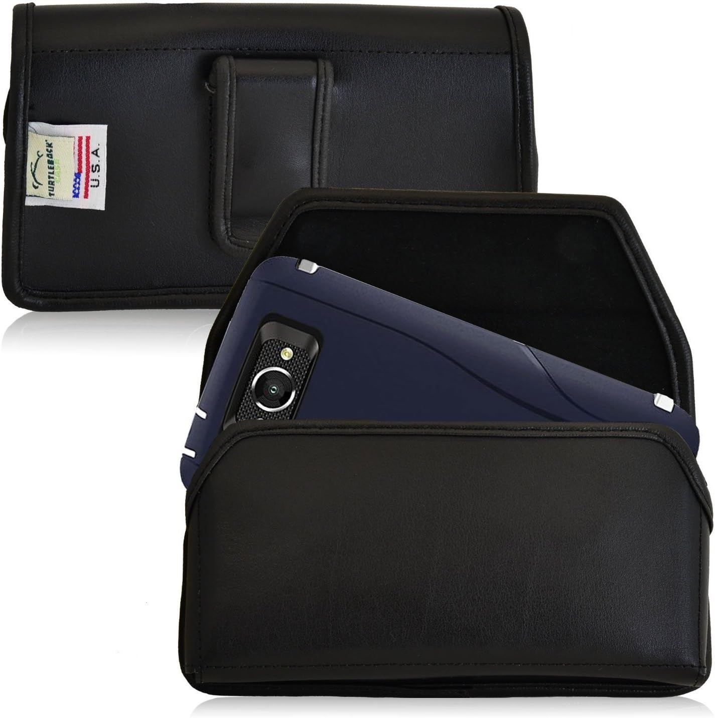 Turtleback Holster Made for Motorola Droid Turbo Fits w/OB Defender or Bulky Cases, Black Belt Case Leather Pouch with Executive Belt Clip Horizontal