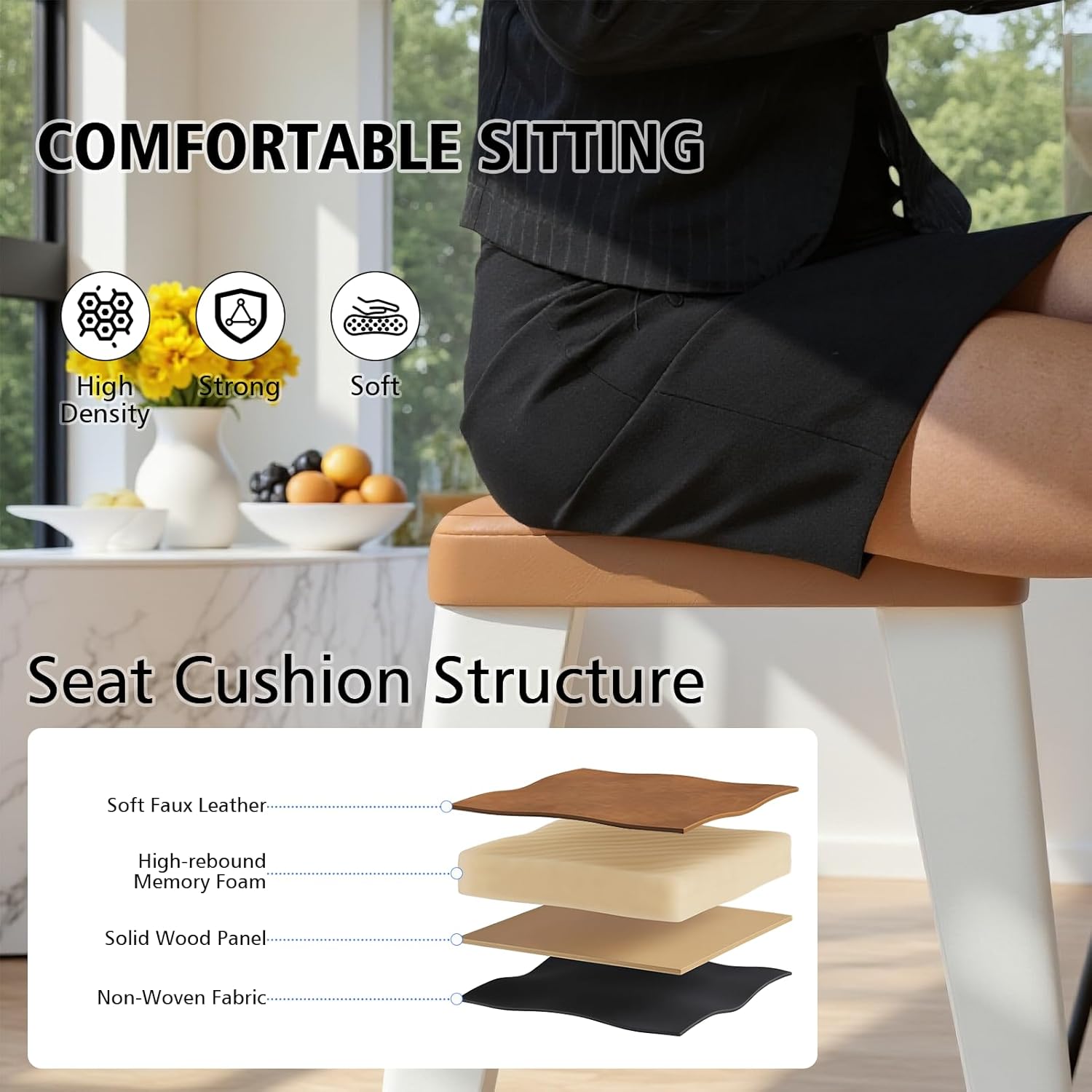 Backless Bar Stools Set of 4, Upholstered Faux Leather Counter Height Stools with Sturdy Metal Legs, 24 Inch Barstools for Kitchen Island (Brown)