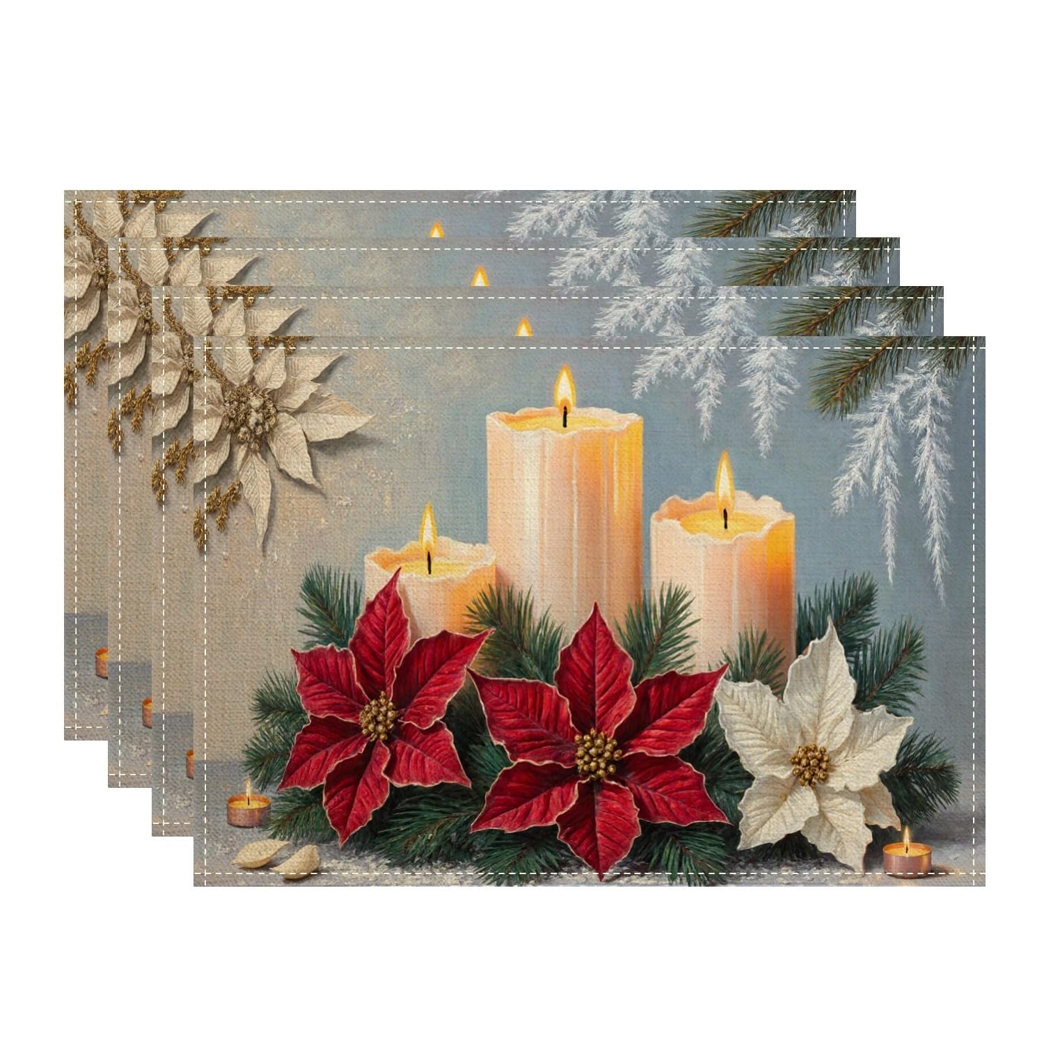 Christmas Poinsettia and Candle Placemats, Festive Floral Place mats for Dining Table, Holiday Non-Slip Washable Indoor Outdoor Decorative Placemat Set of 4