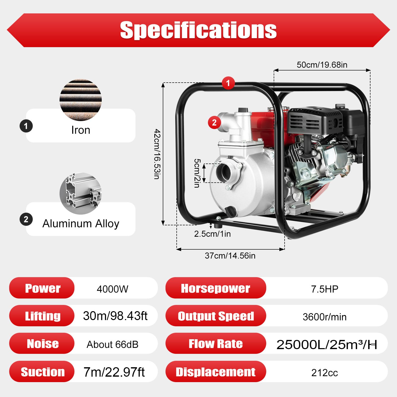 Bomba de agua de gasolina, 4 kW, 25000 l/h, 30 m, conexión de 2 pulgadas, bomba de jardín de 7,5 CV, bomba de agua sucia con motor de 4 tiempos y altura de succión, arranque por cable, bomba de agua