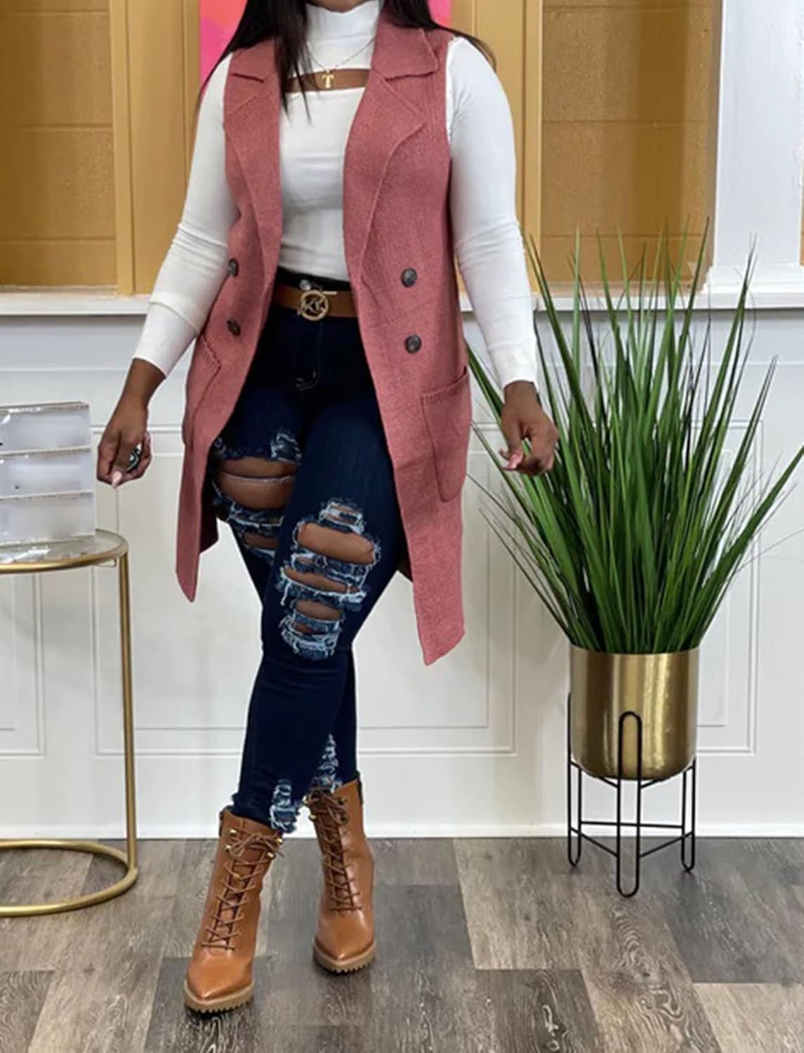 IyMoo Women's Casual Sleeveless Long Sweater Vest Open Front Knit Cardigan Waistcoat with Pockets - Image 3