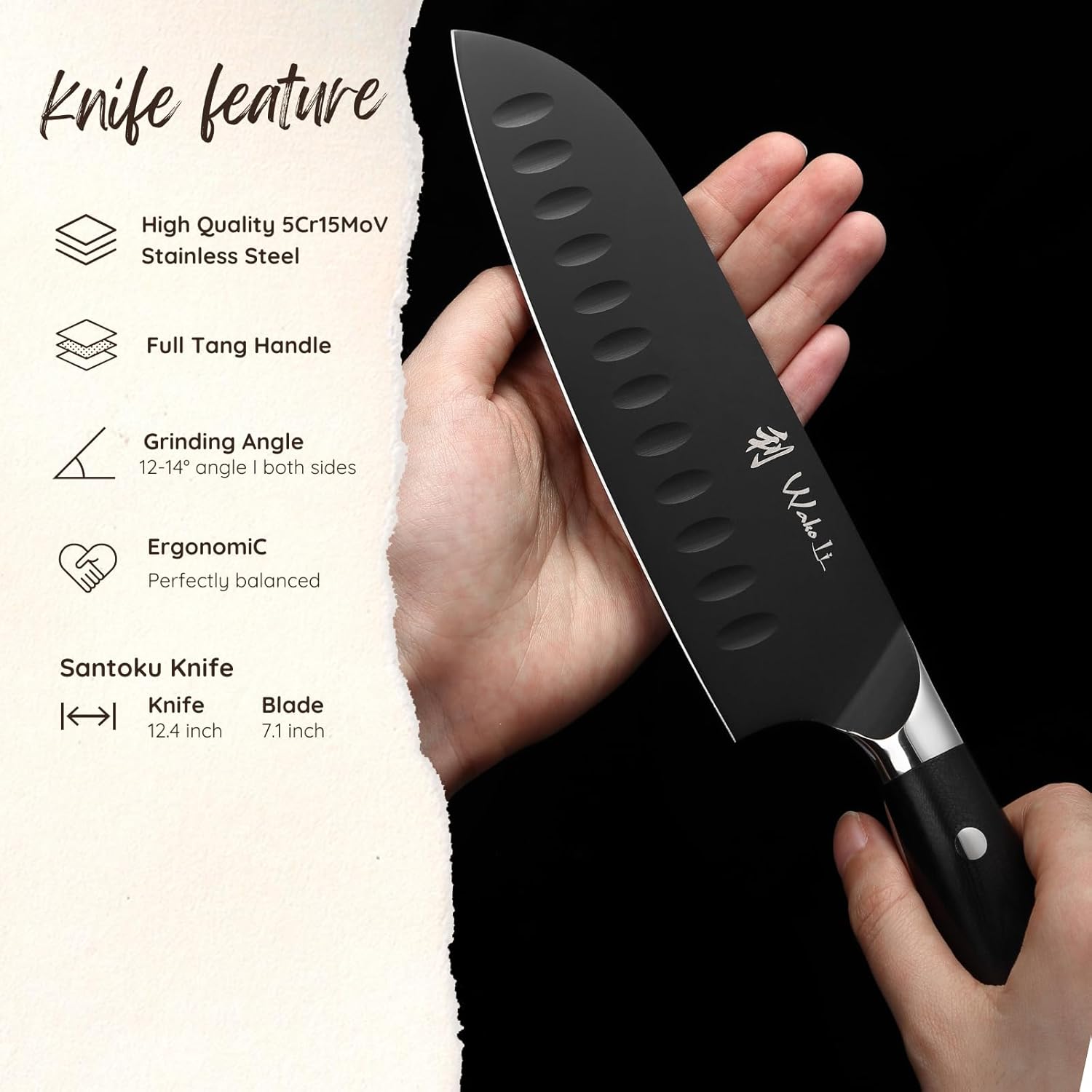 Wakoli Titanium Noir Santoku Knife – 7.1-Inch Professional Chef Knife | 5Cr15MoV Stainless Steel Blade with Black Titanium Coating | Ergonomic G10 Handle | Razor-Sharp Kitchen Knife in Gift Box