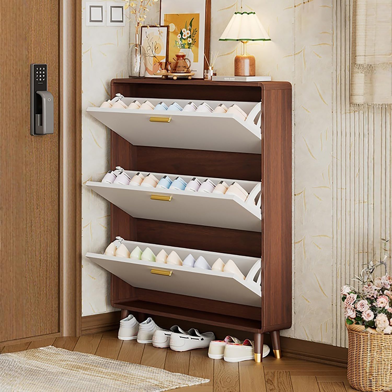 47" Wooden Narrow Slim Shoe Cabinet with 3 Flip Drawers,Freestanding Hidden Shoe Storage Organizer with Open Storage for Hallway, Foyer Adjustable Shelves,Brown,17×100cm