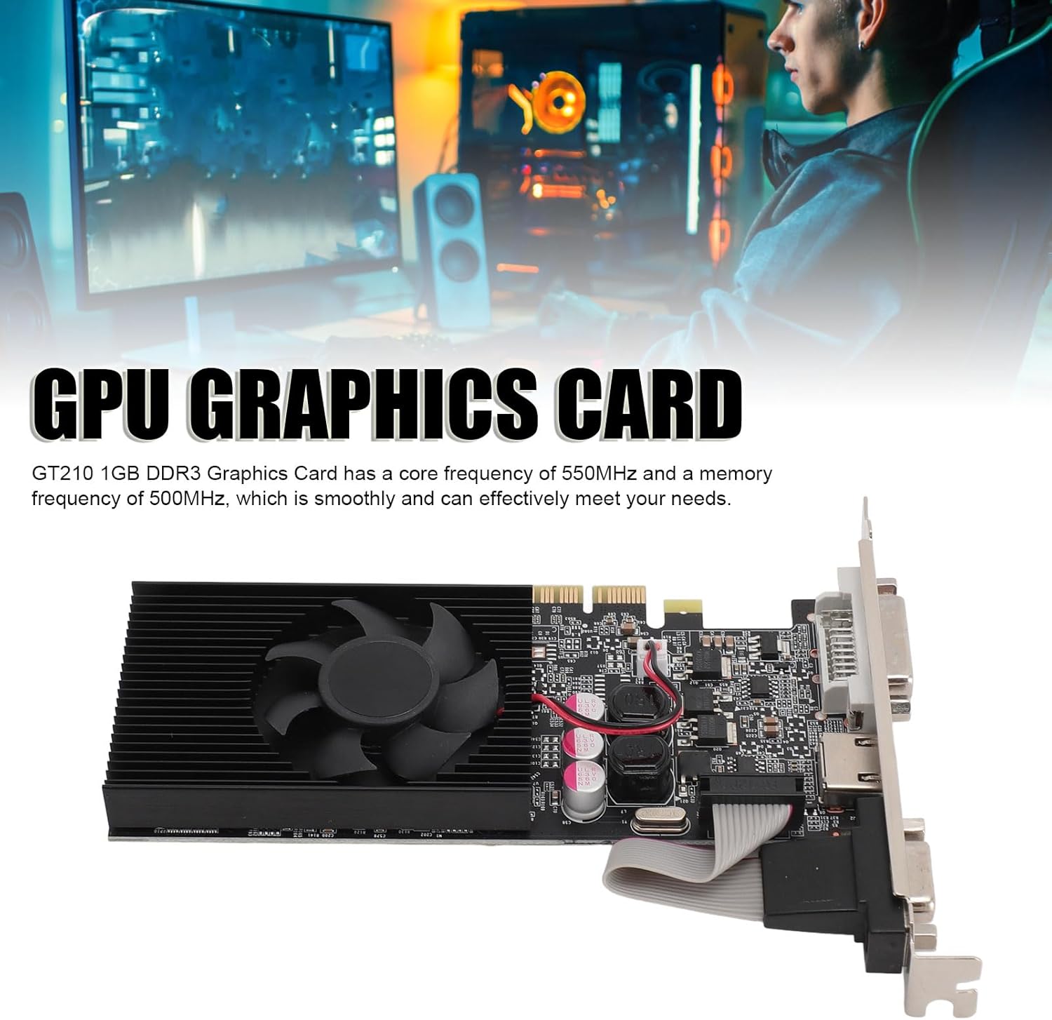 Zunate GT210 1GB DDR3 Graphics Card, 2560x1600 Resolution, DVI/VGA/HDMI Outputs, PCI Express with Built-in Fan, for Office and Gaming