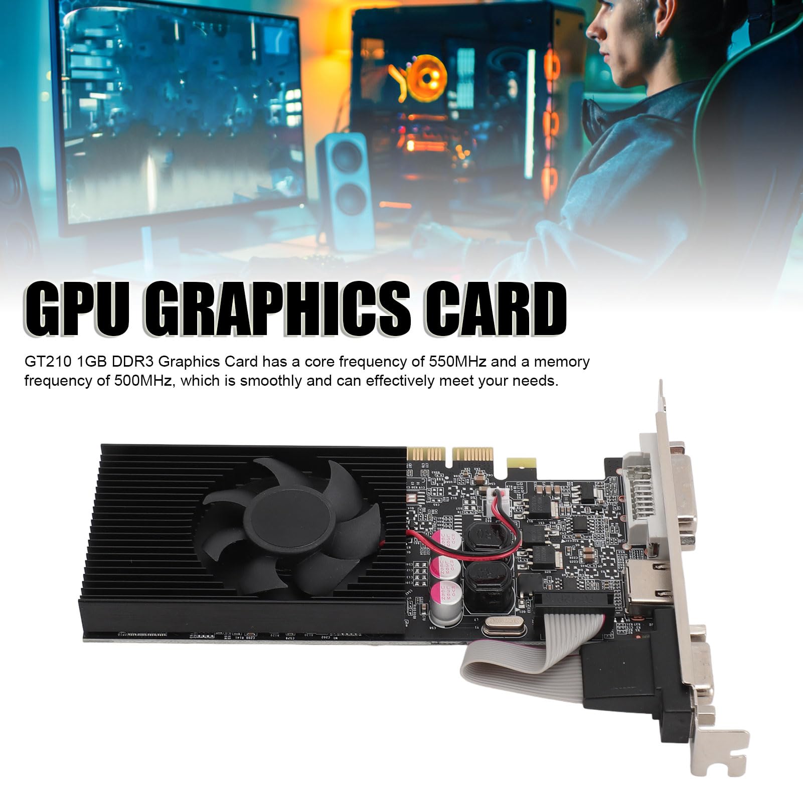 Tarjeta Gráfica GT 210, Tarjeta Gráfica GPU para Juegos PCI Express 2.0 DDR3 de 64 bits, 550 MHz, HDMI DVI VGA con Ventilador de Refrigeración para Juegos de Oficina y PC