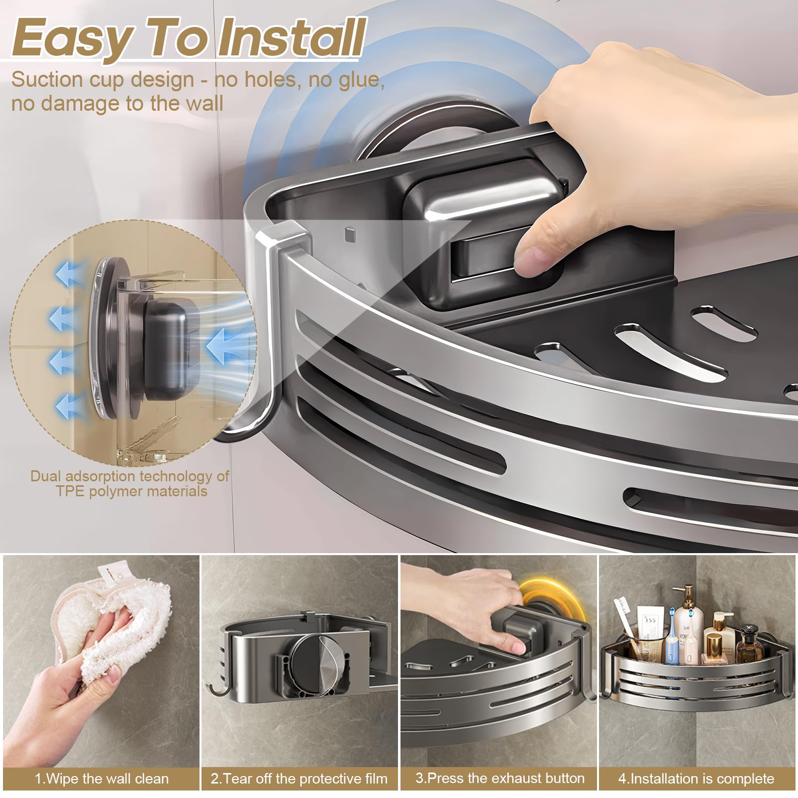 Aoibox Corner Shower Caddy Tension Pole, Quick Setup, Rust-Free Bathroom Shower Organizer For Shampoo Storage, 4-Tier Adjustable Shelf, Drill Free - View #9