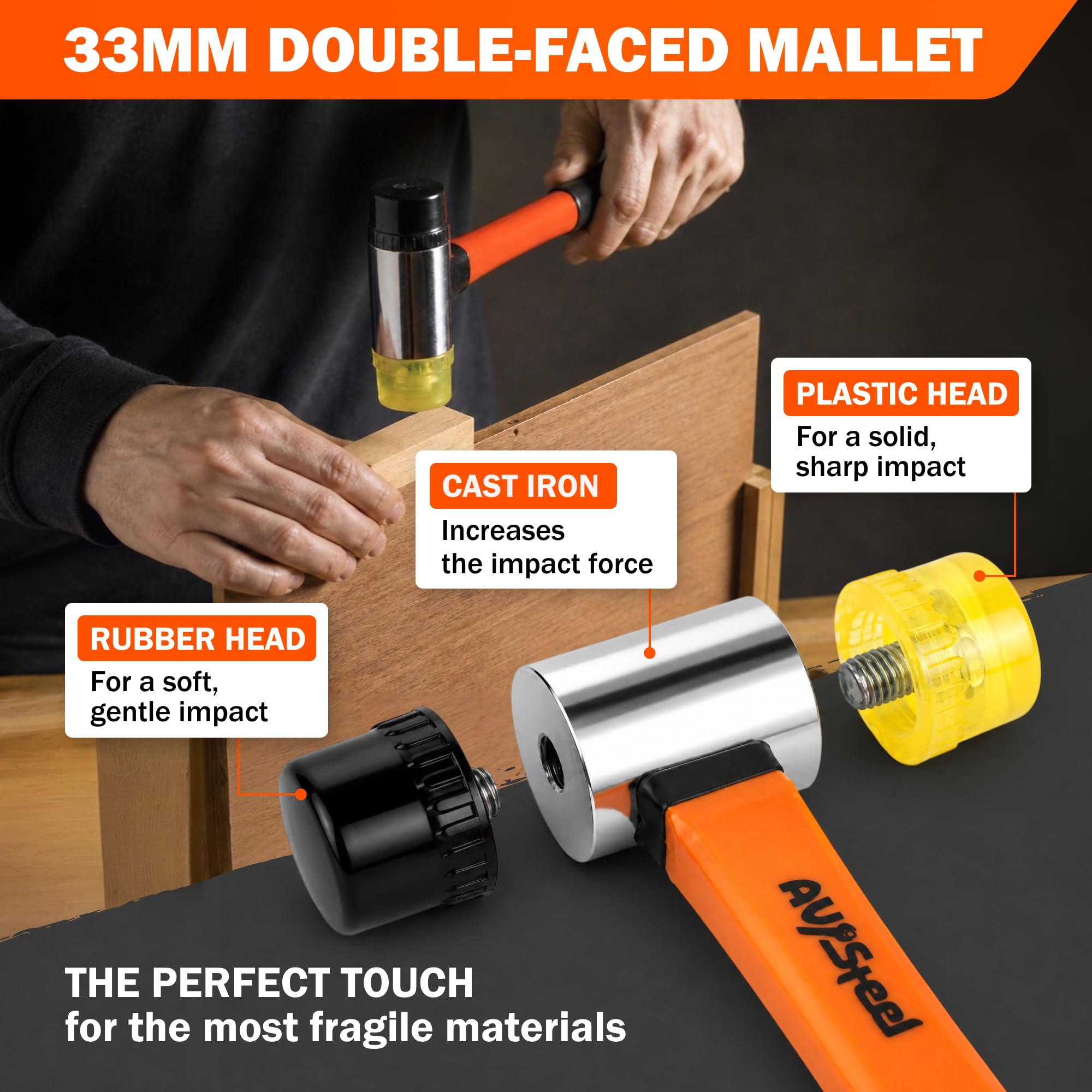 AV Steel 5er-Pack Schlägelhammer-Set – 907 g Gummihammer, 33 mm doppelseitiger Schlägel, 473 g Klauenhammer, 473 g Kugelhammer, 1,4 kg Schlitten und Handschuhe für Heimwerker und Reparaturen zu Hause