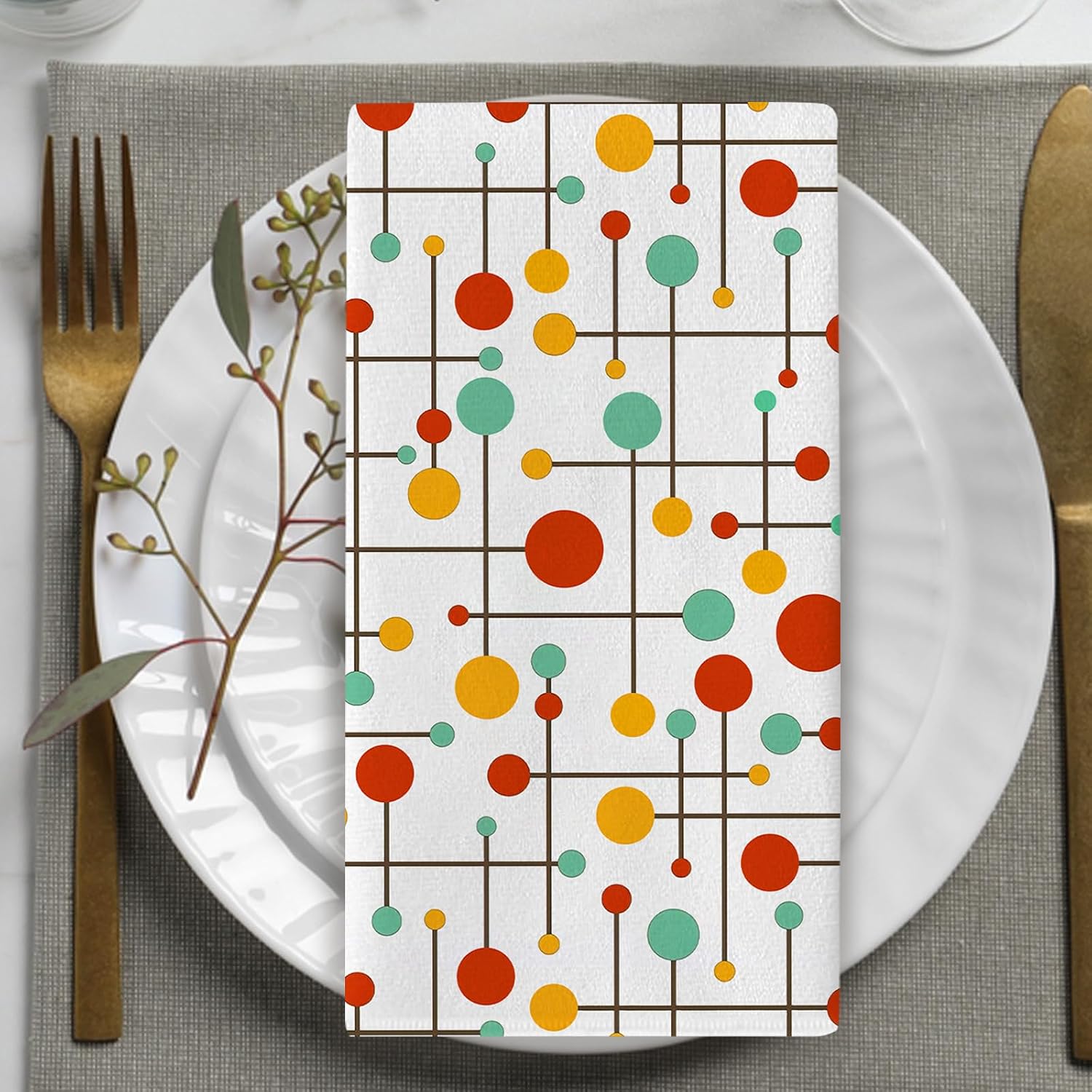 Geometric Kitchen Dish Towels Set of 2, Colorful Polka Dots Mid Century Modern Drying Hand Towel Baking Cooking Cloth, Contemporary Bathroom Home Decoration 18 x 26 Inches image 5