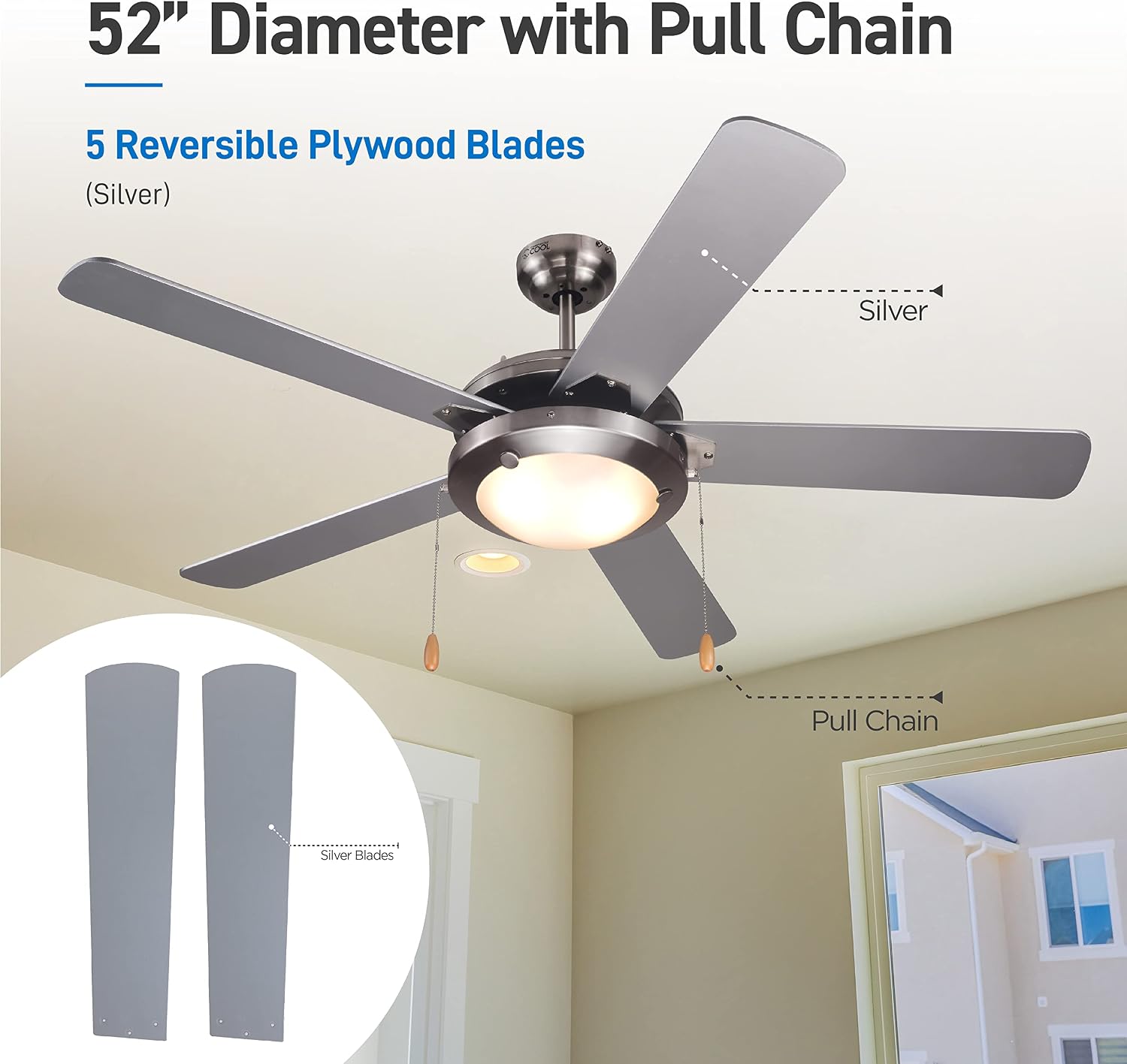 Close-up of 52-inch ceiling fan with pull chain and silver blades