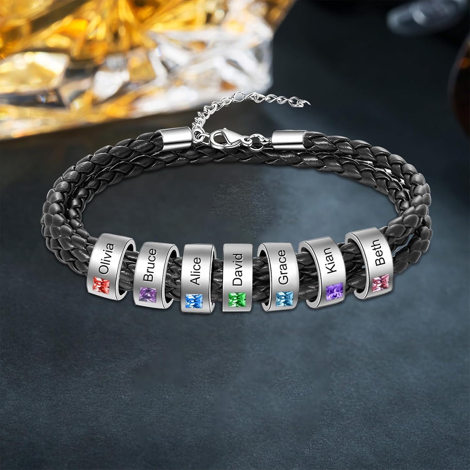 Custom Mens Beads Bracelet with 1-9 Names Customized Braid Leather Bracelets for Husband Boyfriend Grandpa Dad Fathers Day