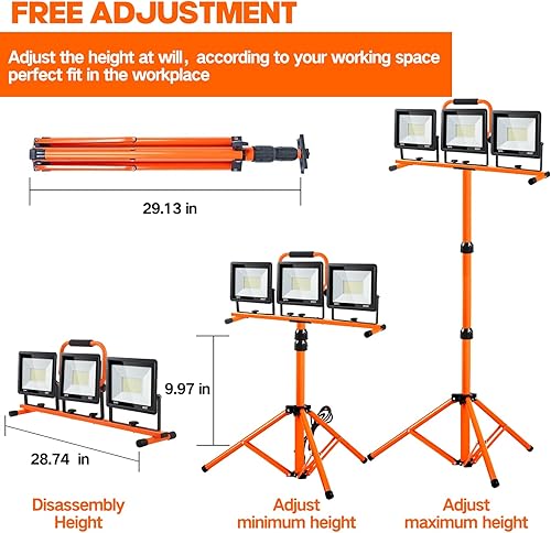 Miniatura 5 de Luces de trabajo de 21000 lúmenes con soporte, 3 luces de trabajo LED de cabeza ajustables, con soporte de trípode ajustable y plegable, lámpara