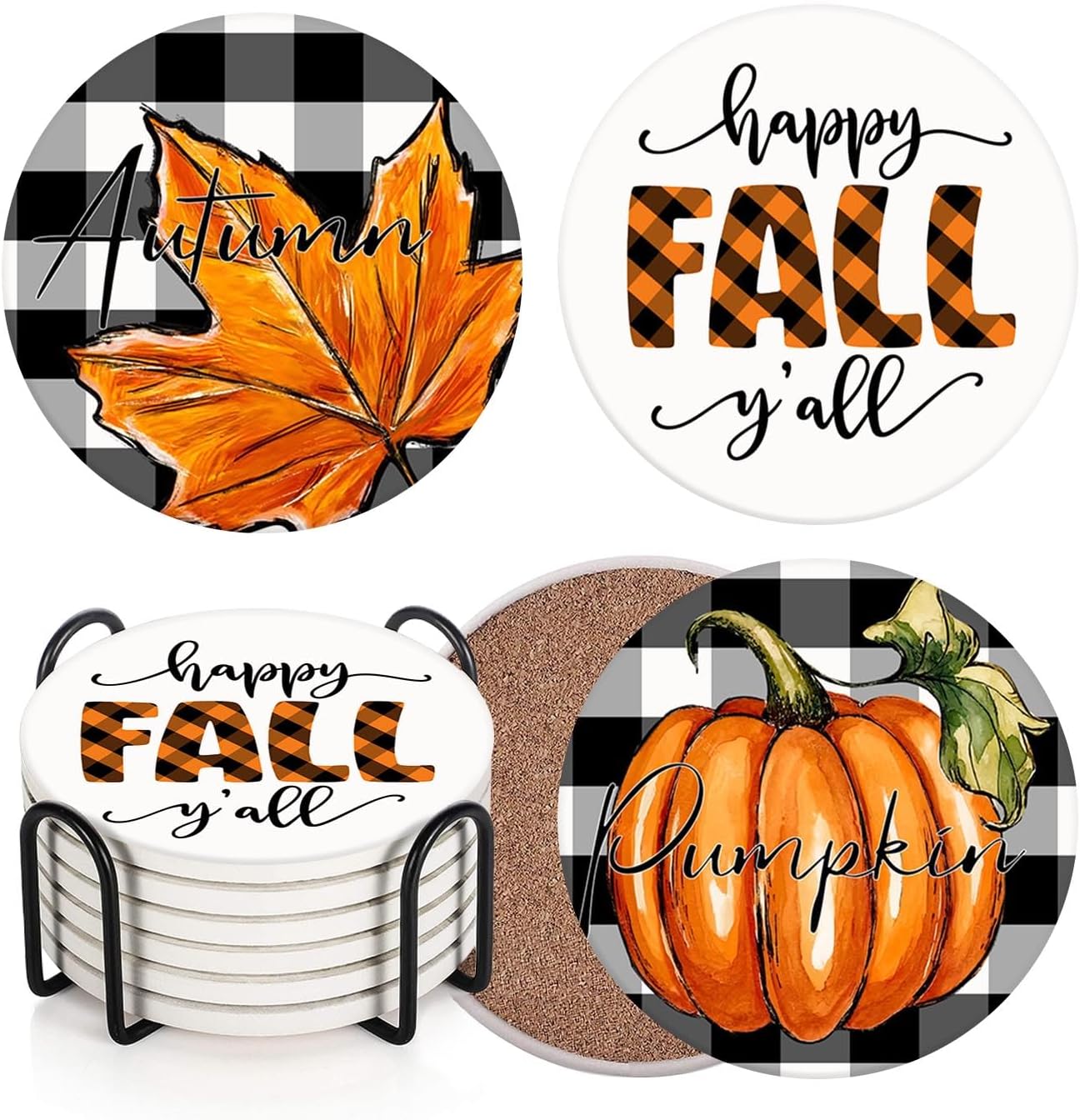 Fall Coasters for Drinks, Set of 6 Ceramic Stone Plaid Pumpkin