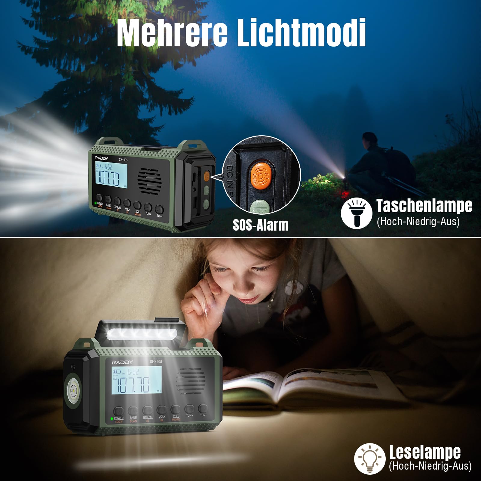 [10.000-mAh-Akku] Raddy SH-905 Notfallradio, Handkurbel, Solar, AM/FM/SW/NOAA-Wetterwarnung, tragbares Wetterradio mit Taschen- & Leselampe, SOS, Batterie-Backup für Stromausfall & Camping