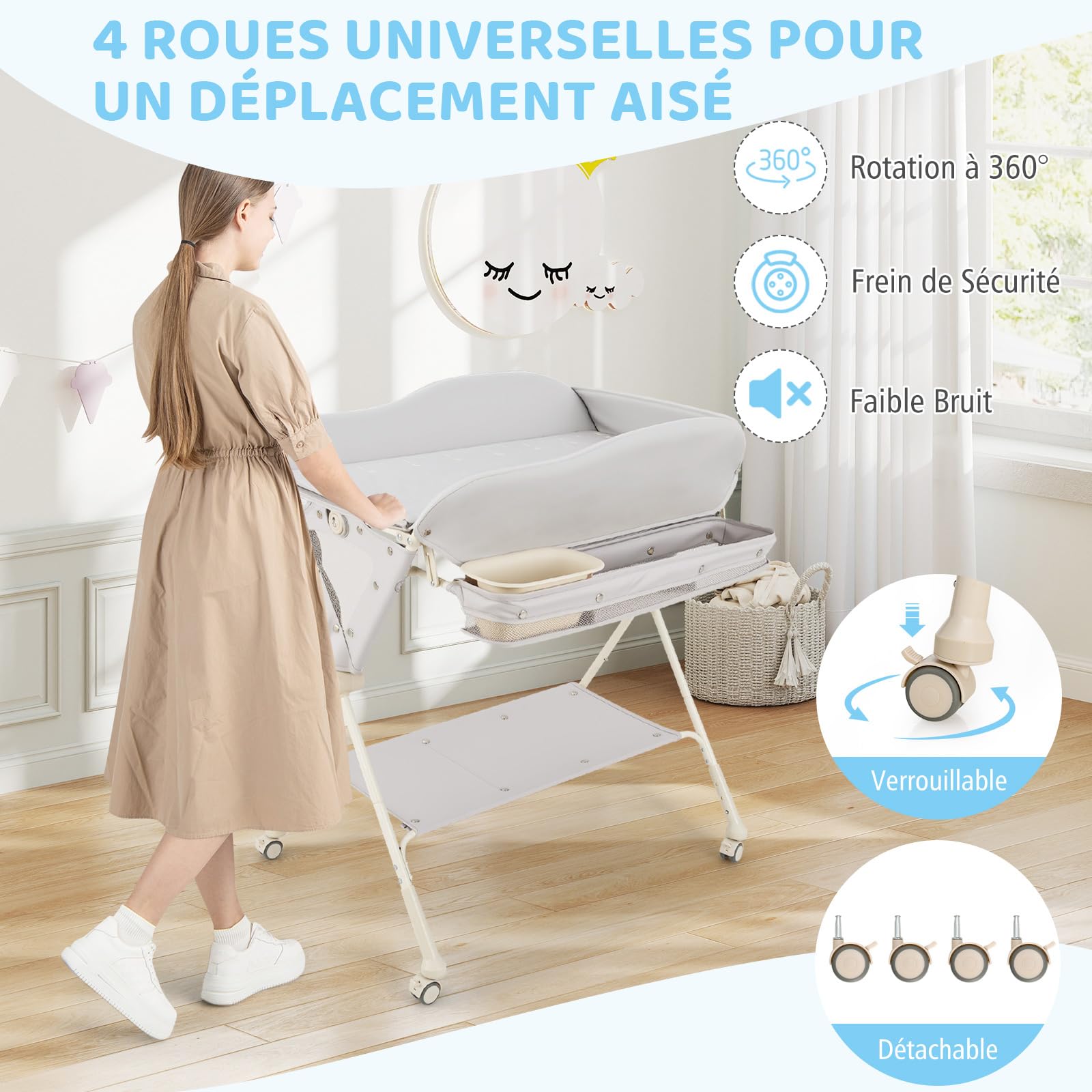 COSTWAY Table à Langer Pliable et Portable, Table a Langer Bébé Charge 11KG avec Bassin d'Eau Panier de Rangement et Ceinture de Sécurité Hauteur 80-85CM Roues Verrouillables (Gris)