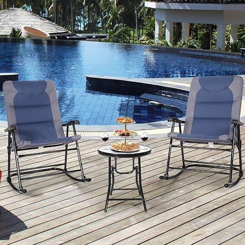 Miniatura 4 de Giantex Juego de 3 mecedoras plegables para patio al aire libre, juego de 2 mecedoras con mesa auxiliar de cristal para patio, terraza, asiento