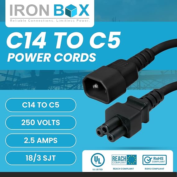 IronBox Electric C14 to C5 Power Cords - 2.5A, 250V, 18/3 SJT - UL Listed Power Extension Cable - Electrical Supply - Heavy Duty Plug and Connector for Computer, Monitor, Laptop, PDU and More (8 ft)