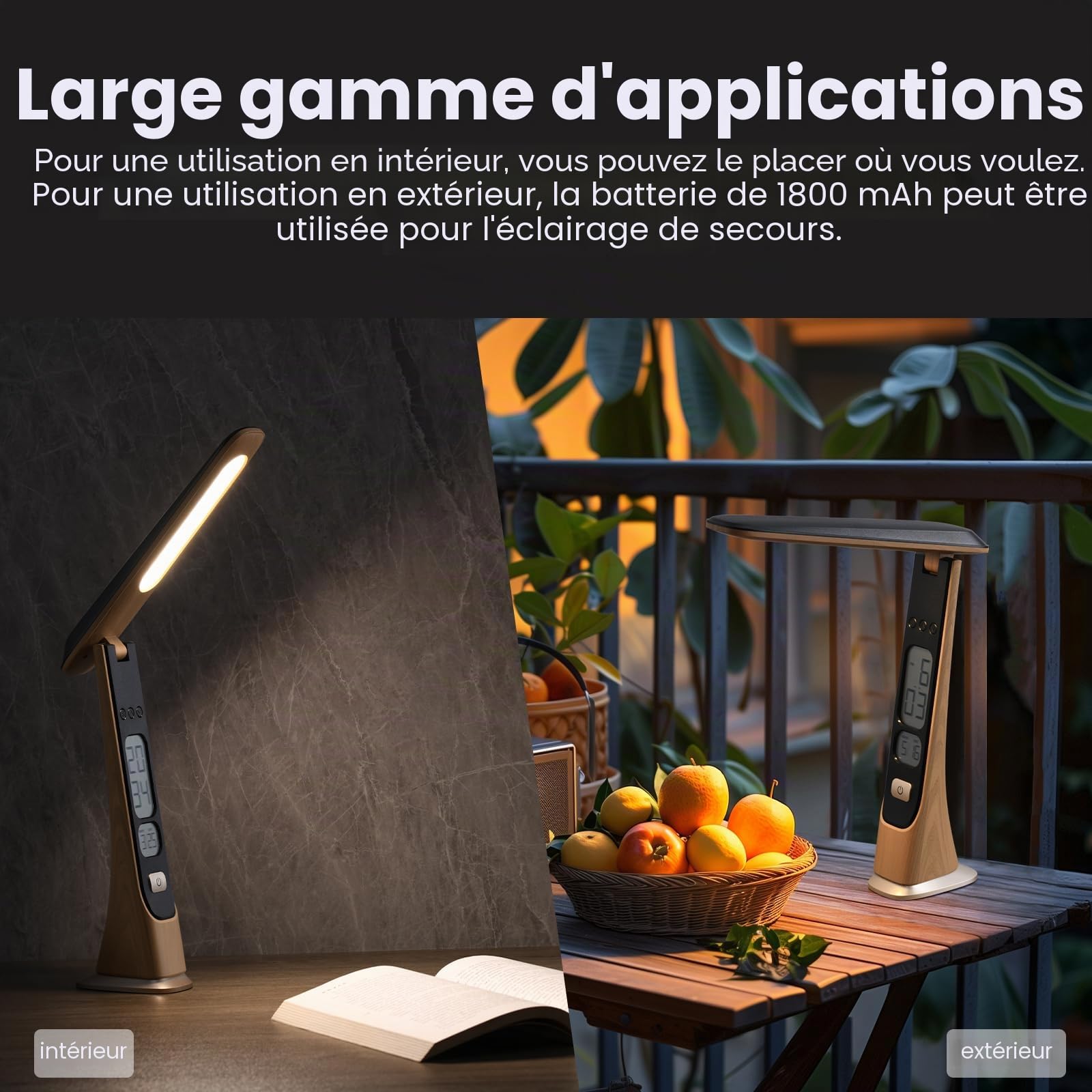 Lampe de bureau LED rechargeable, Lampe de Chevet Tactile à intensité variable avec batterie horloge affichage numérique heure activées par le toucher Portable pour la maison, la lecture,le bureau