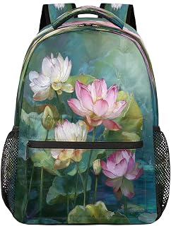 School Backpack for Teens Girls Boys Lotus Flowers Painting Art Students Bookbag Middle High School College Bags, Waterproof Casual Daypack Laptop Backpacks for Women Men Travel