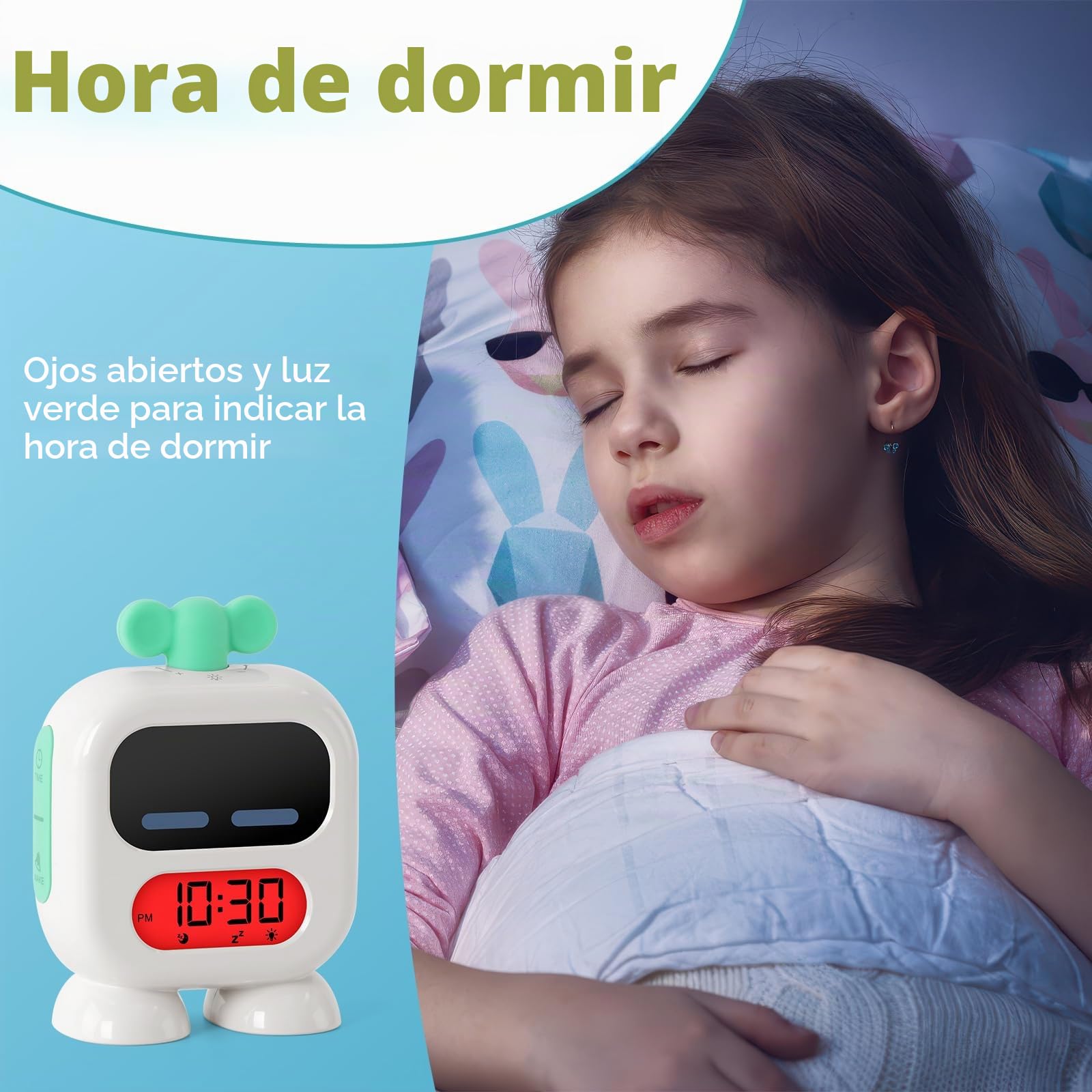 Reloj despertador para niños, reloj de crecimiento con luz roja verde, temporizador de siesta, entrenador de sueño para niños pequeños (azul)