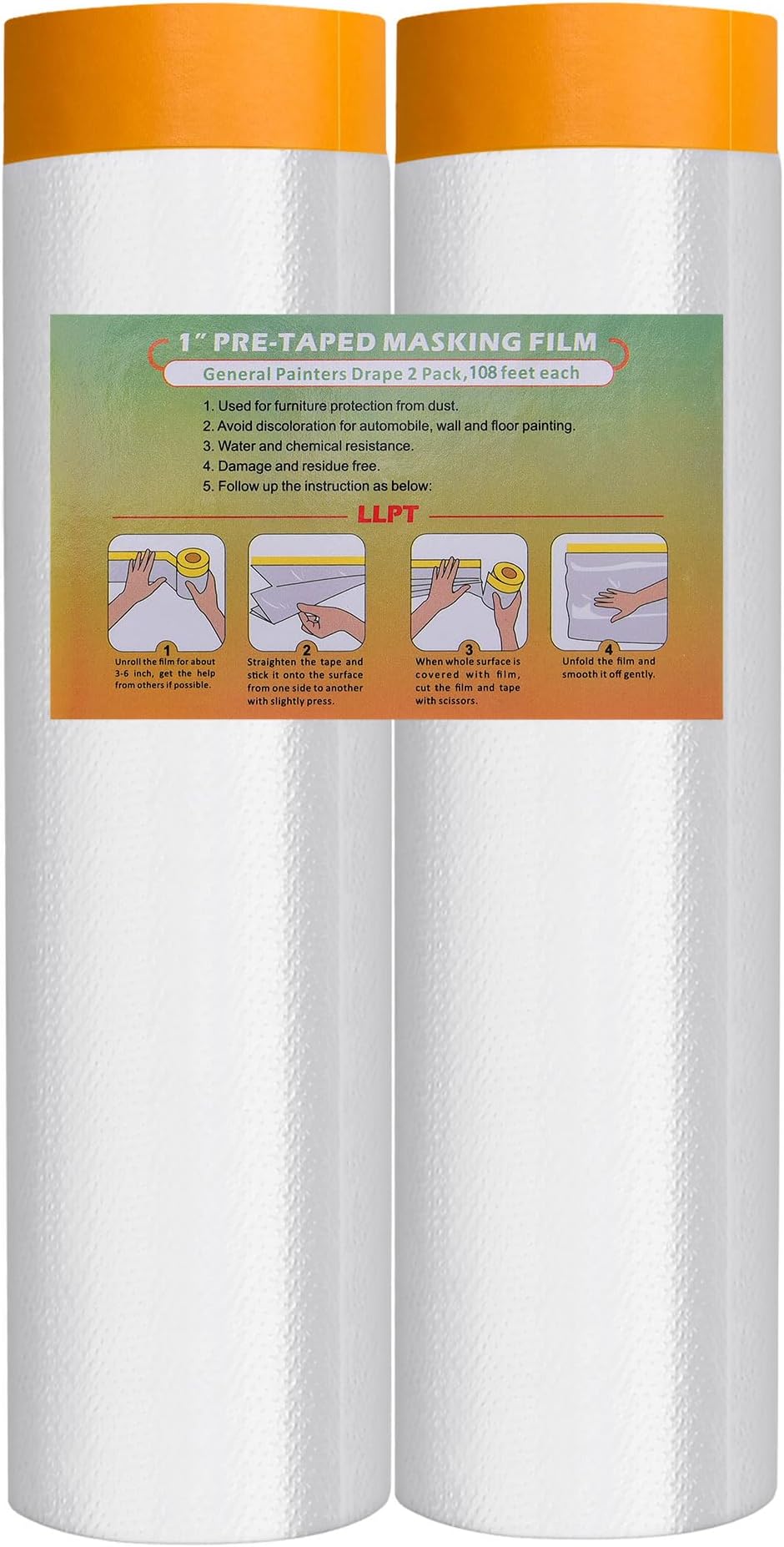 Tape and Drape Pre-Taped Masking Film | 2-Pack | 270cm(Unfolded) x 33m | Versatile Painter's Plastic Dust Sheets | for Auto Wall Furniture Painting and Spraying Protection (MFTO2633)