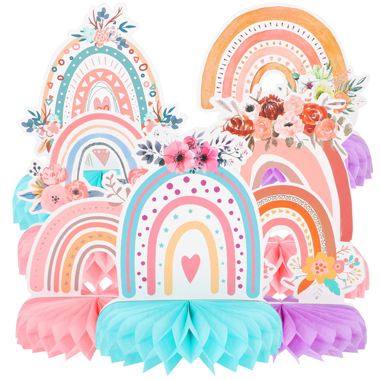 TOYANDONA 7Pcs Rainbow Honeycomb Ball Party Decoration Set, Bohemia Birthday Table Centerpieces, Colorful Honeycomb Party Supplies for Rainbow Theme Events