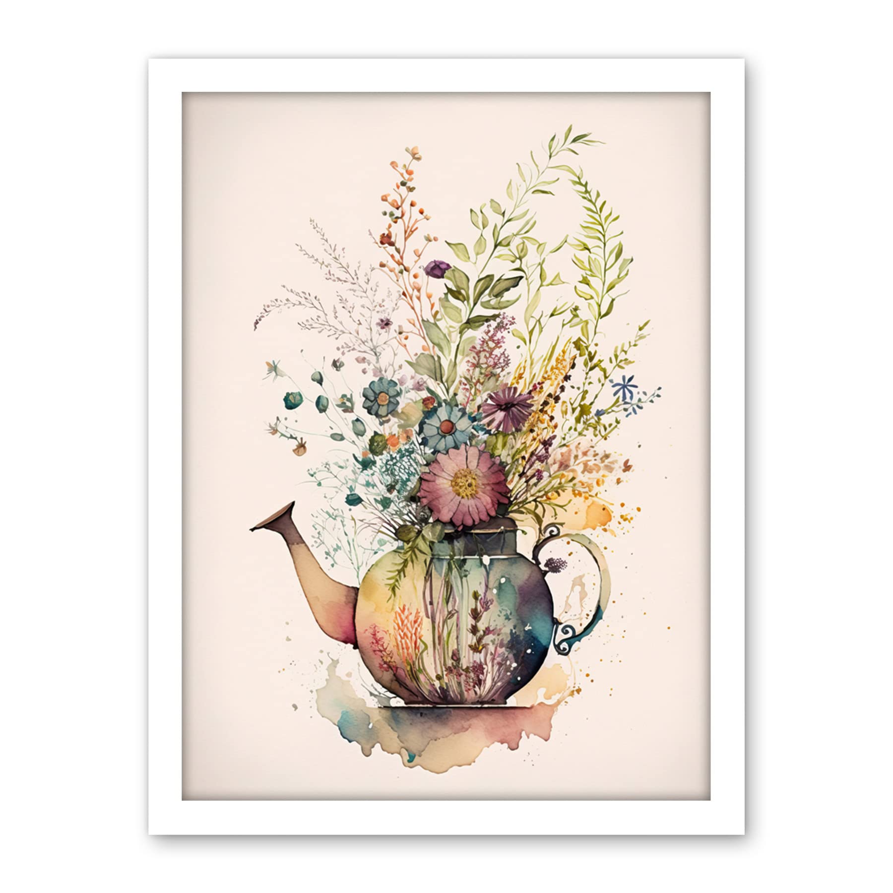 Artery8 Wildflower Floral Spring Bouquet in a Teapot Vase Artwork Framed Wall Art Print 18X24 Inch