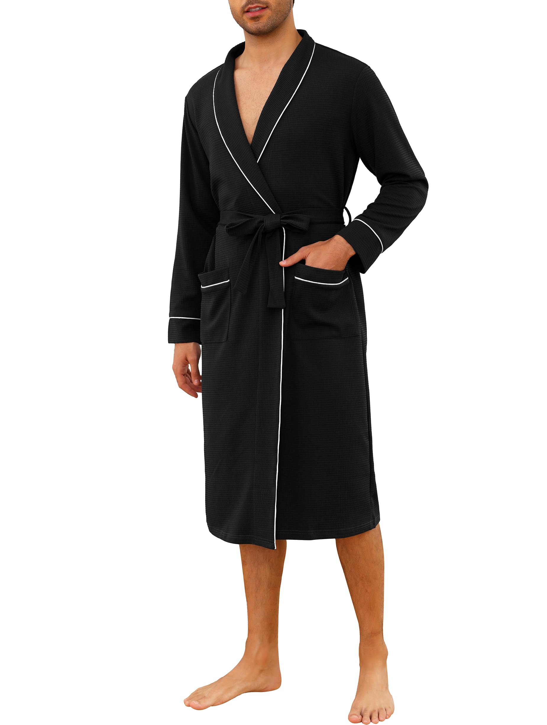 Vlazom Peignoir Homme en Coton Waffle à Col Revers Robe de Chambre avec Poches, Ceinture et Finitions Contrastées