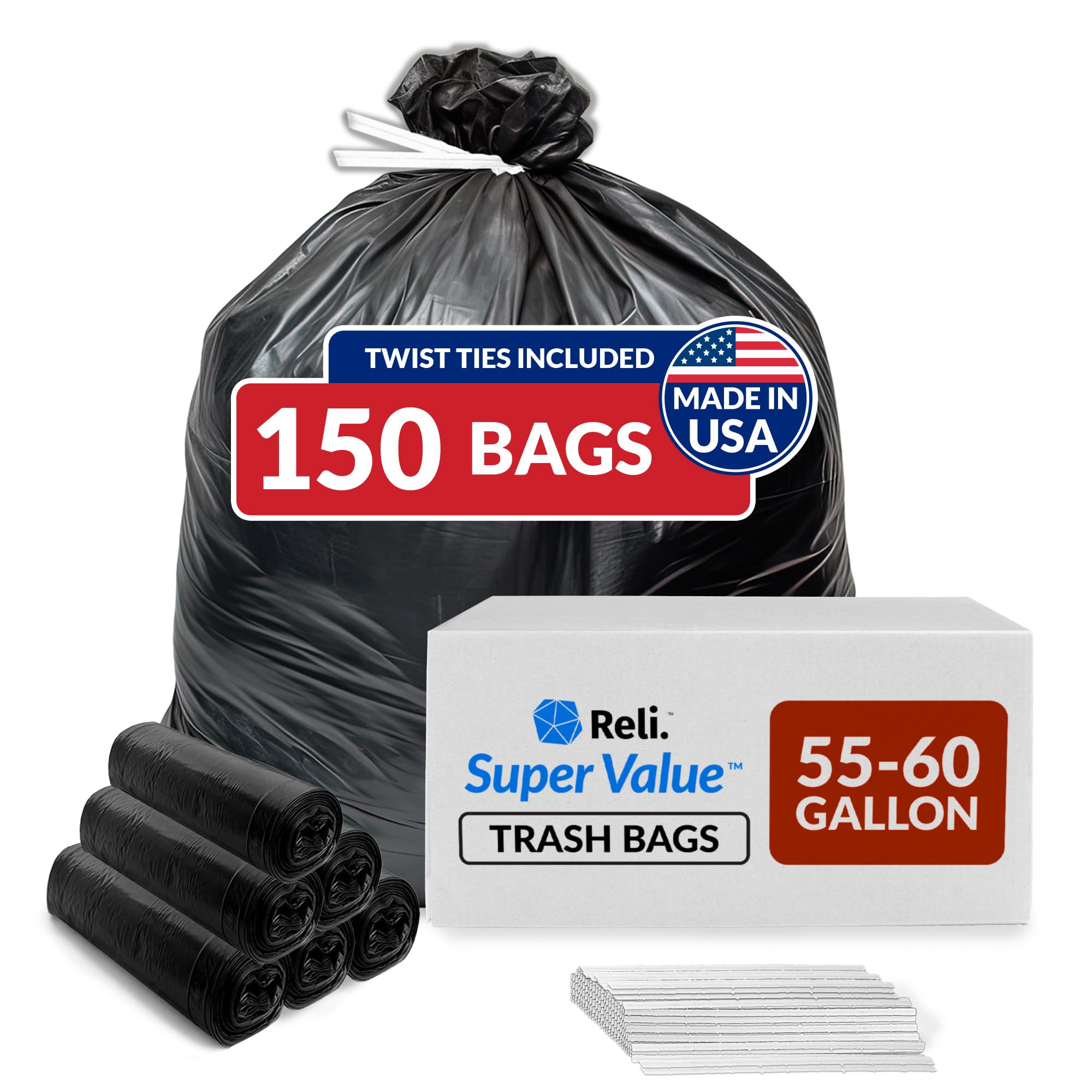 Photo 1 of Reli. 55-60 Gallon Trash Bags Heavy Duty | 150 Trash Bags with Ties | Super Sizeable, Black, Serious Garbage Cleanup