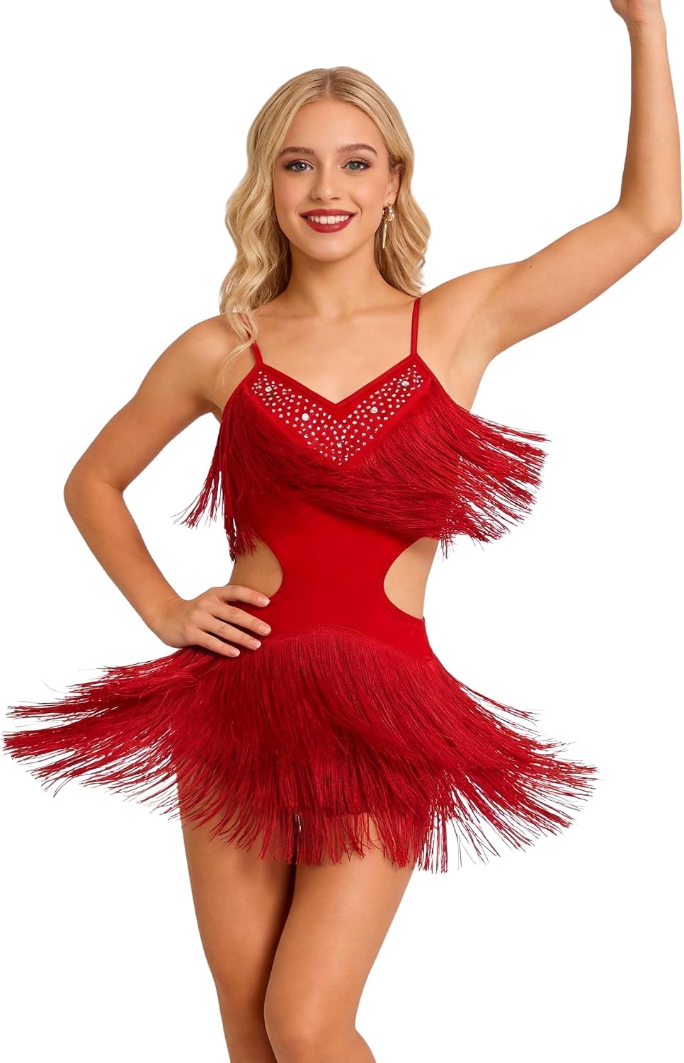 ODIZLI Women's Fringe Rhinestone Latin Dance Dress Leotard- Adjustable Spaghetti Straps V Neck Tie Back Salsa Ballroom Dance