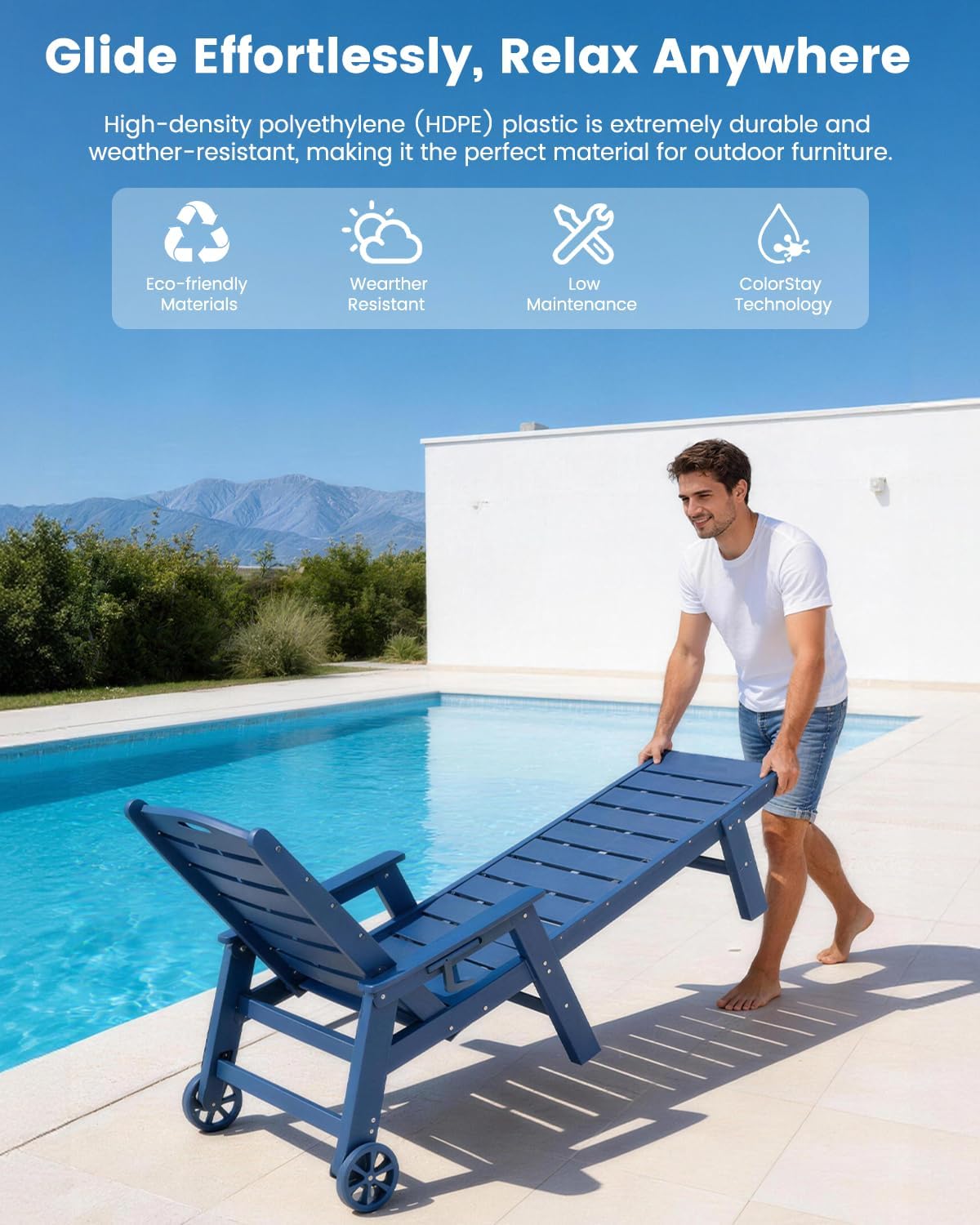 FOOWIN Chaise Lounge Chair Set of 2，HDPE Lounge Chair Outdoor with 5 Positions,Oversized Pool Lounge Chairs with Rolling Wheels & Cup Holder for Poolside Deck Backyard,Blue
