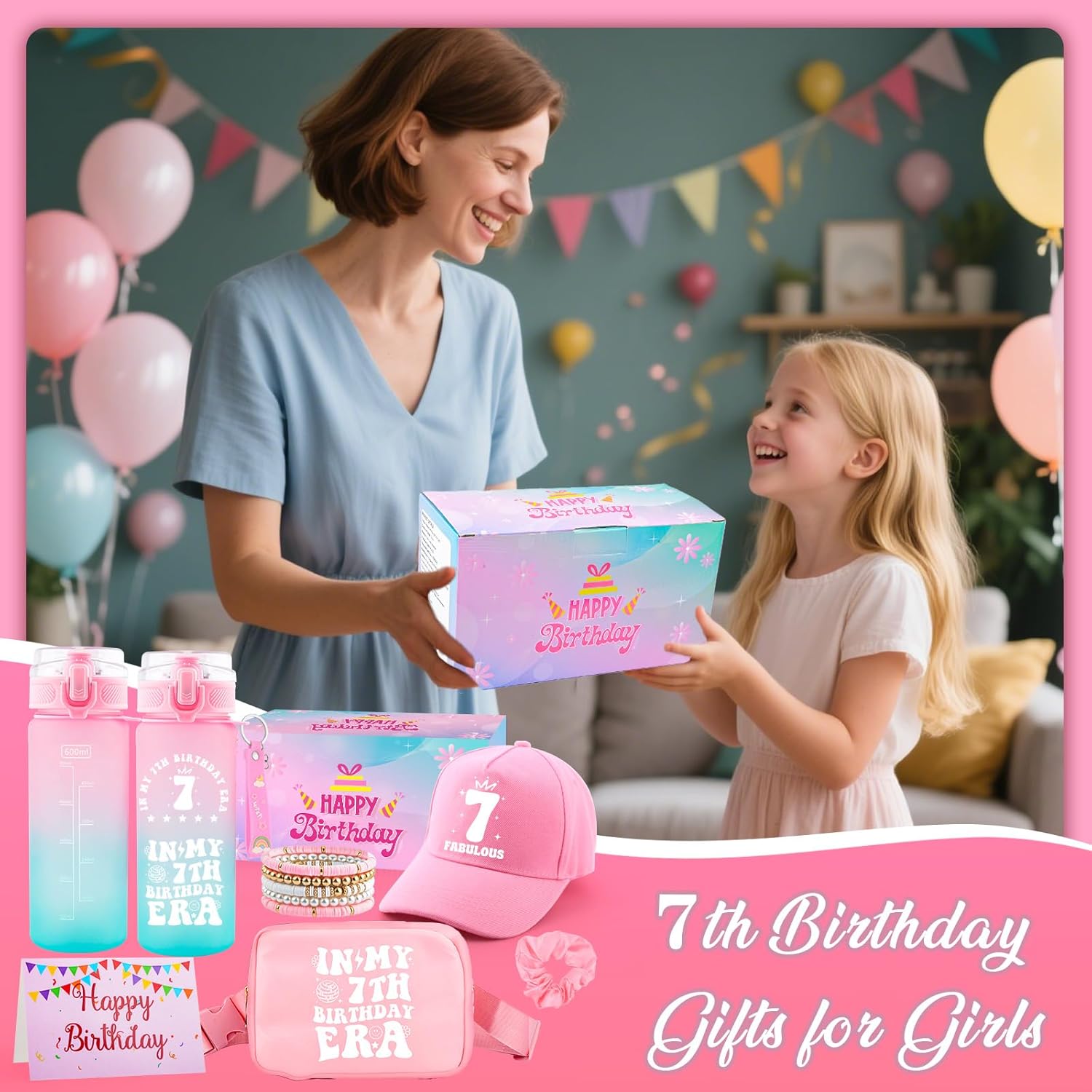 7th Birthday Gifts for Girls, 7 Year Old Girl Birthday Gifts, Best Gifts for 7 Year Old Girls Trendy 2026 Water Bottle, Cap, Bag, 7 Birthday Decorations for Daughter Niece, Things for 7 Years Old Kids