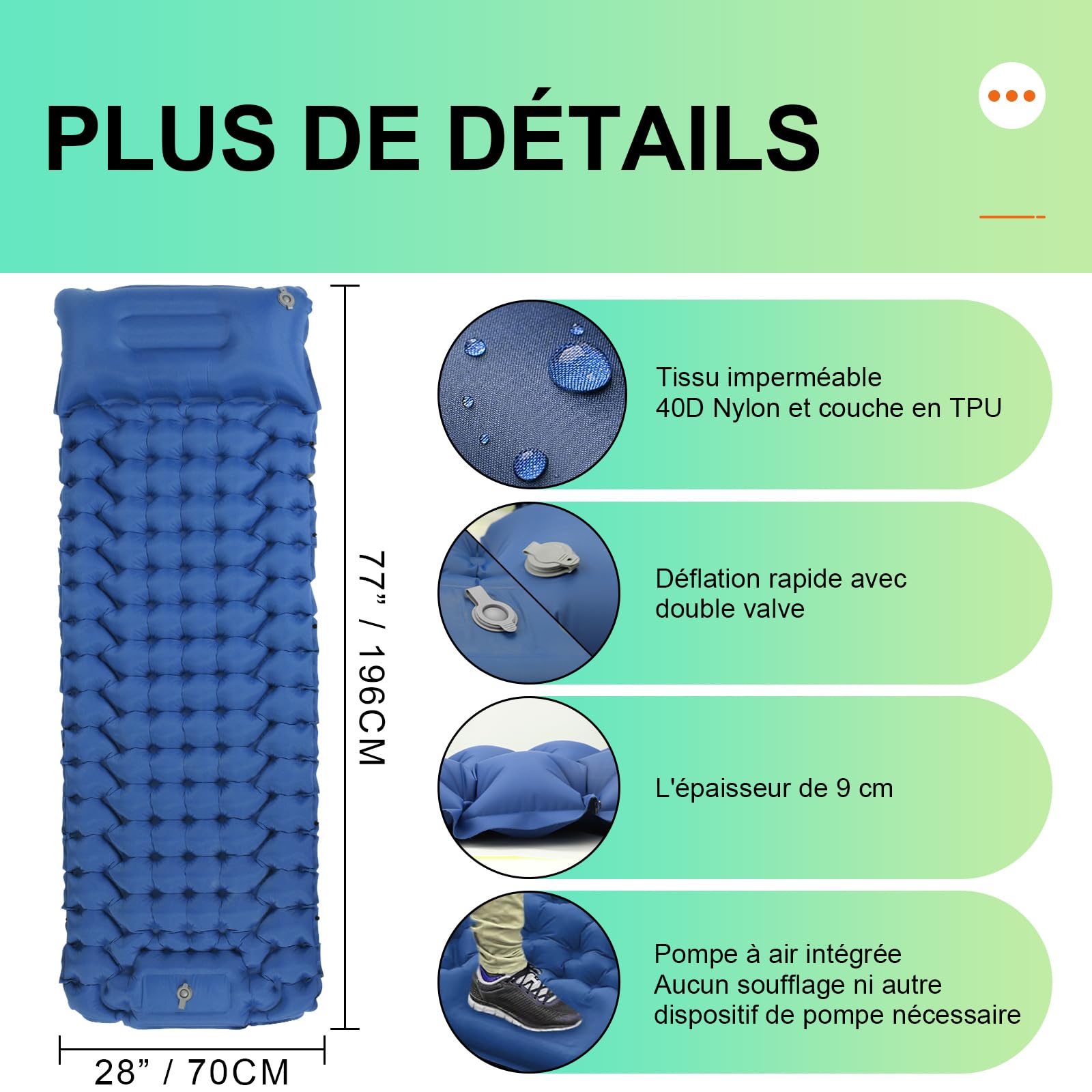 Matelas Gonflable 1 Place Matelas Camping Matelas Plage Bleu