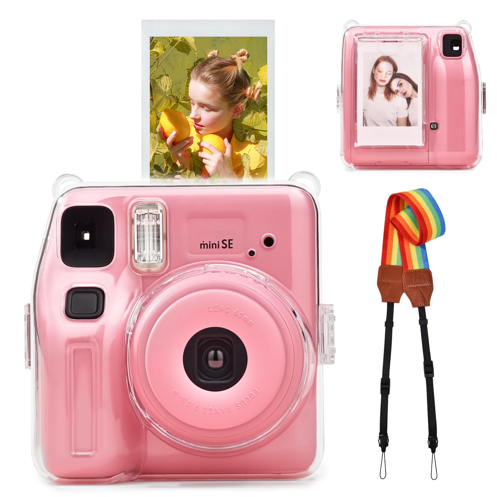 VOVMOEYA Clear Protective Case Compatible with Fujifilm Instax Mini SE,Carrying Case Bag for Fuji Instax Mini SE Instant Camera PC Cover with Photo Storage Pocket & Nylon Rainbow Strap