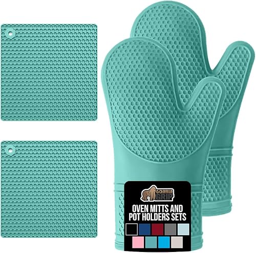 Miniatura 28 de GORILLA GRIP Juego de 4 manoplas de horno de silicona suave sin BPA y soportes para ollas, resistentes al calor, forro de algodón grueso, agarre Rojo