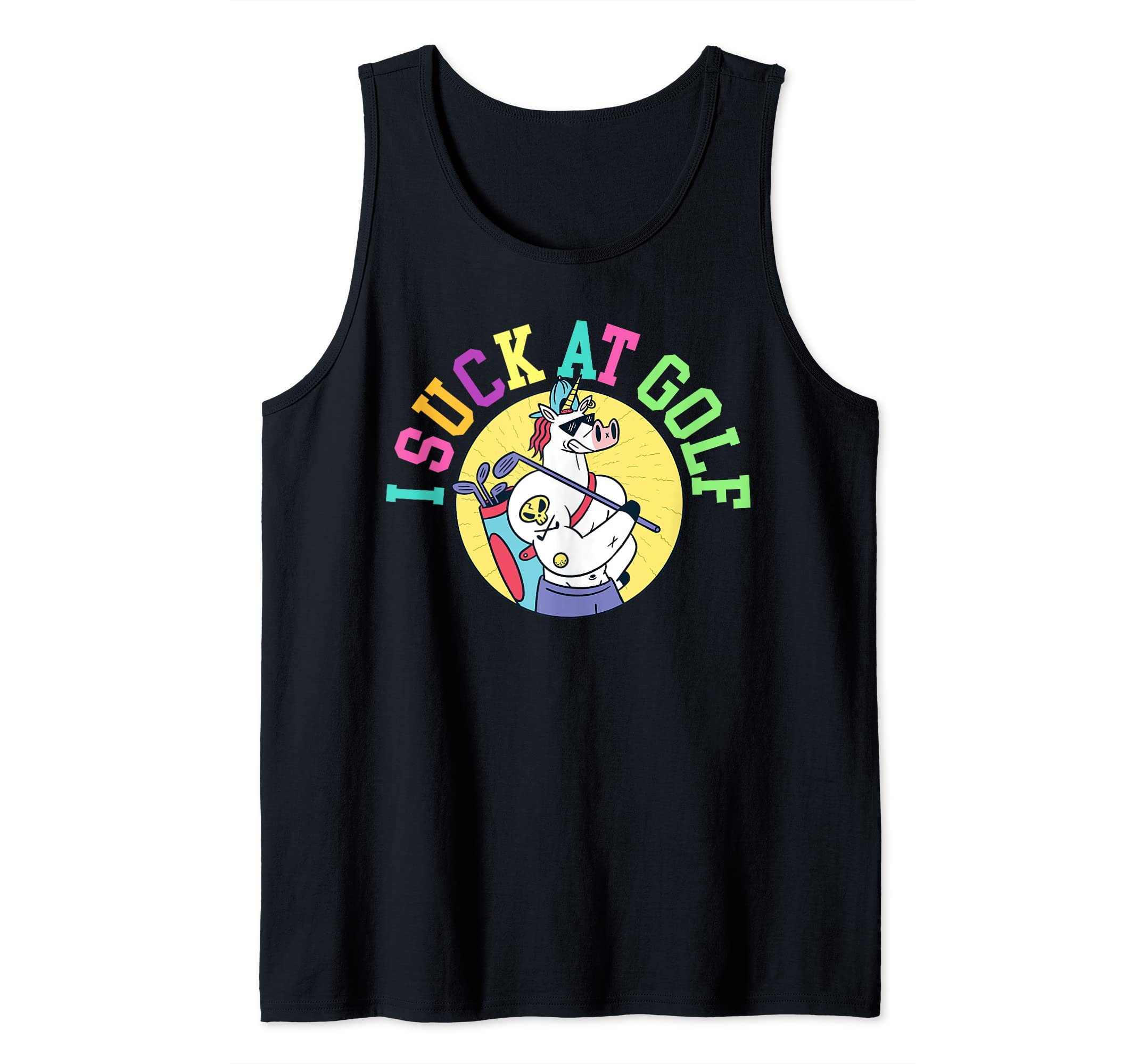 I Suck At Golf Unicorn Ball Swing Golfing Course Sports Golf Tank Top, Black