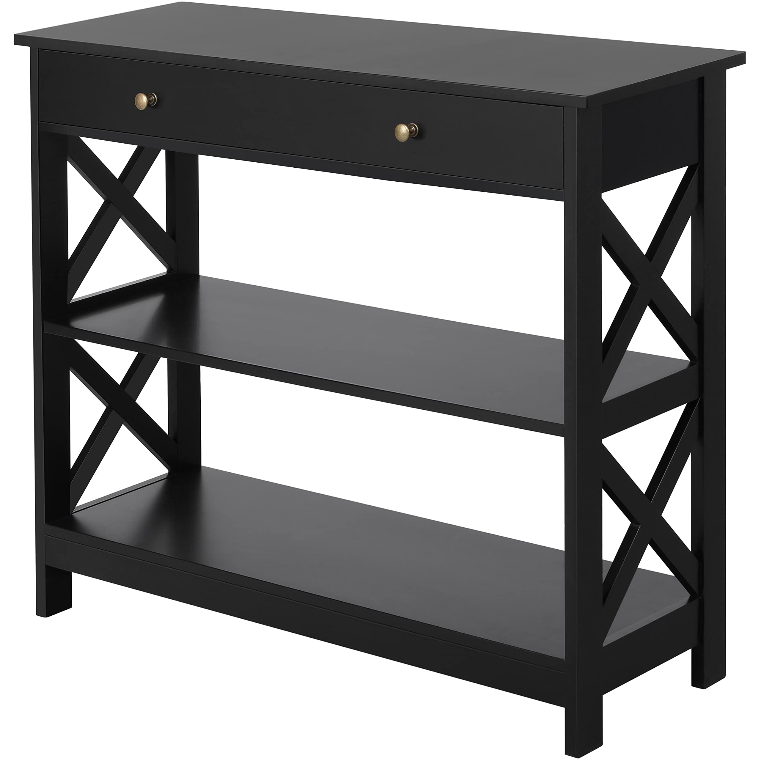 costoffs Console Table with Drawer, Wooden Sofa Table with Storage Shelves, 3-Tier Entryway Table with X-Shaped Design for Living Room Hallway Bedroom,Black,100 x 30 x 80 cm — image 1
