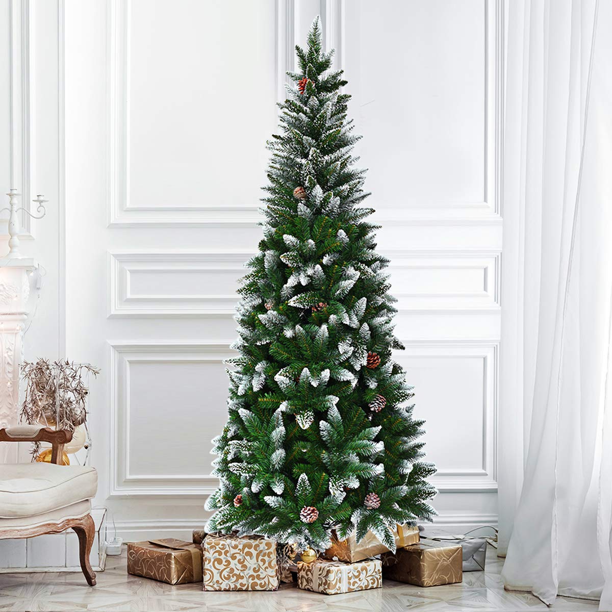 Goplus 5ft Artificial Pencil Christmas Tree, Snow Flocked with Pine Cones and Metal Stand, for Xmas Indoor Décor