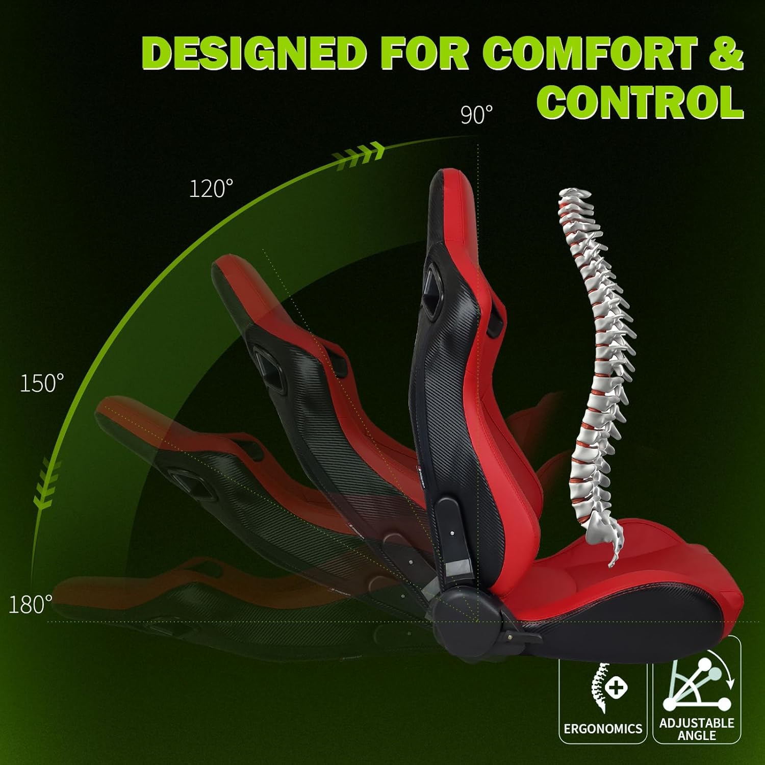 Universal Pairs of Racing Seat with Dual Sliders, PU Leather Front+Carbon Leather Back Reclinable Bucket Seat, Red w/LOGO