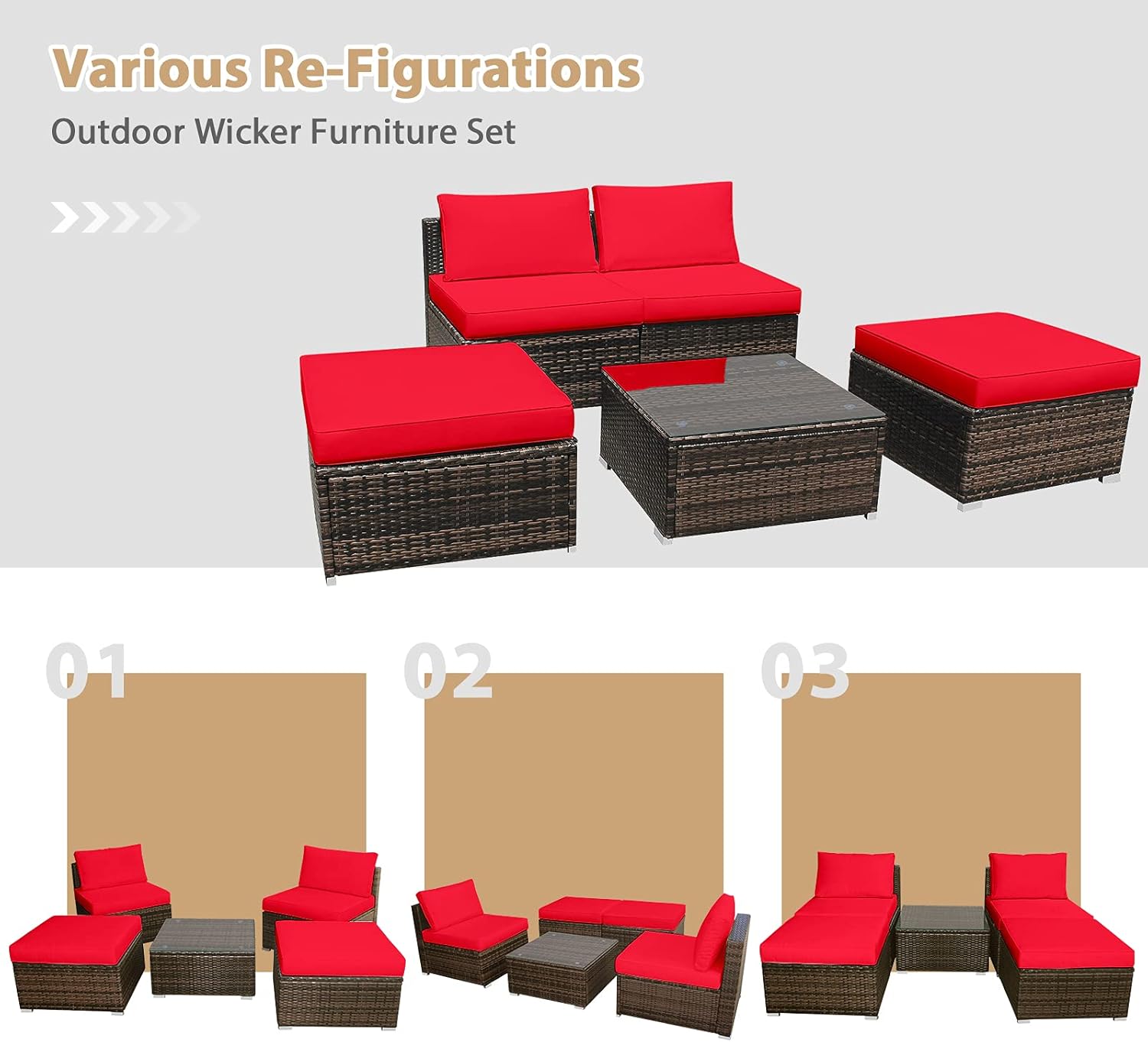 DORTALA Wicker Patio Furniture Set 5 Piece, Outdoor Conversation Sets with Chairs, Ottomans, Tempered Glass Table, Cushions, All Weather Rattan Sofa Couch for Balcony, Porch, Backyard, Deck, Red
